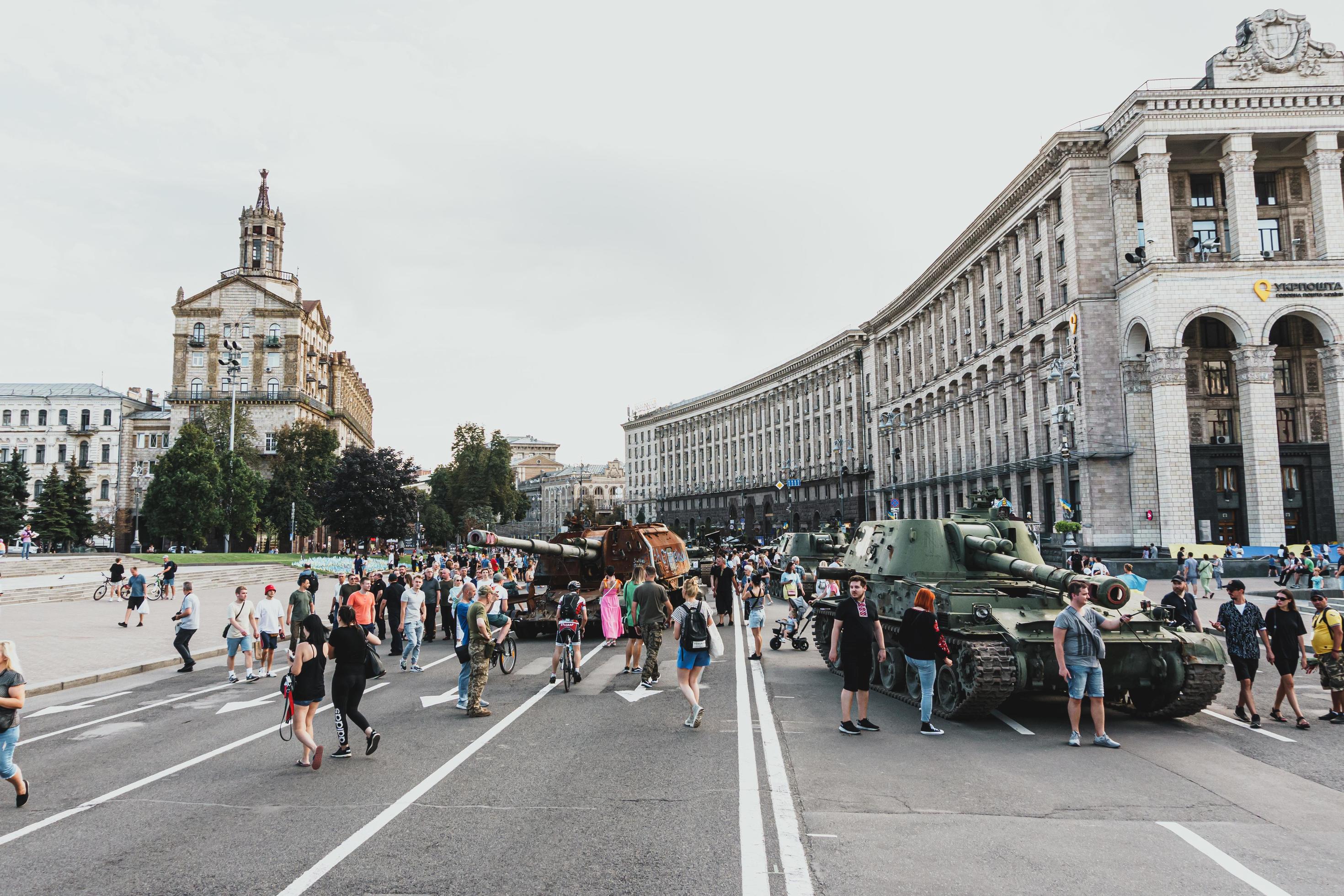 Kyiv, Ukraine, 23 August 2022. Parade of destroyed military equipment