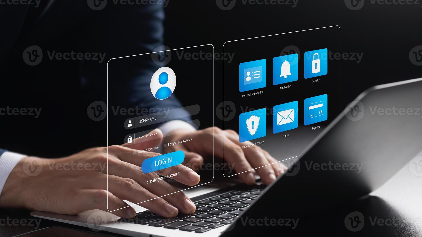 cybersecurity concept Global network security technology, business people protect personal information. Encryption with a padlock icon on the virtual interface. photo