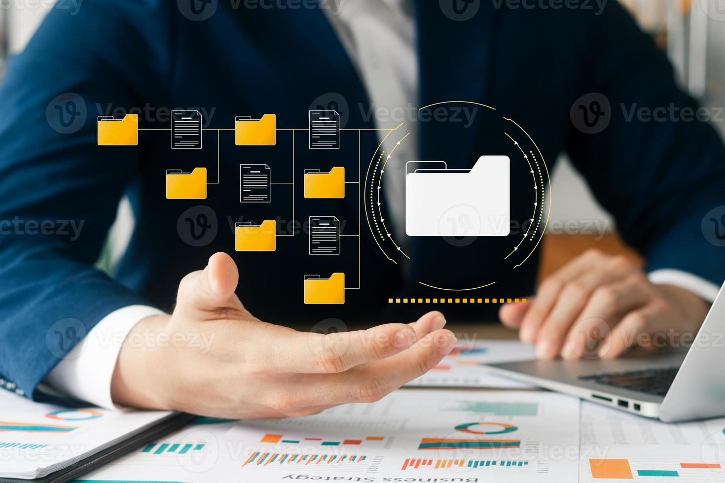 Document management concept. Virtual screen icons Document Management System DMS Online document database, software for efficient archiving, searching and management of company files and data. photo