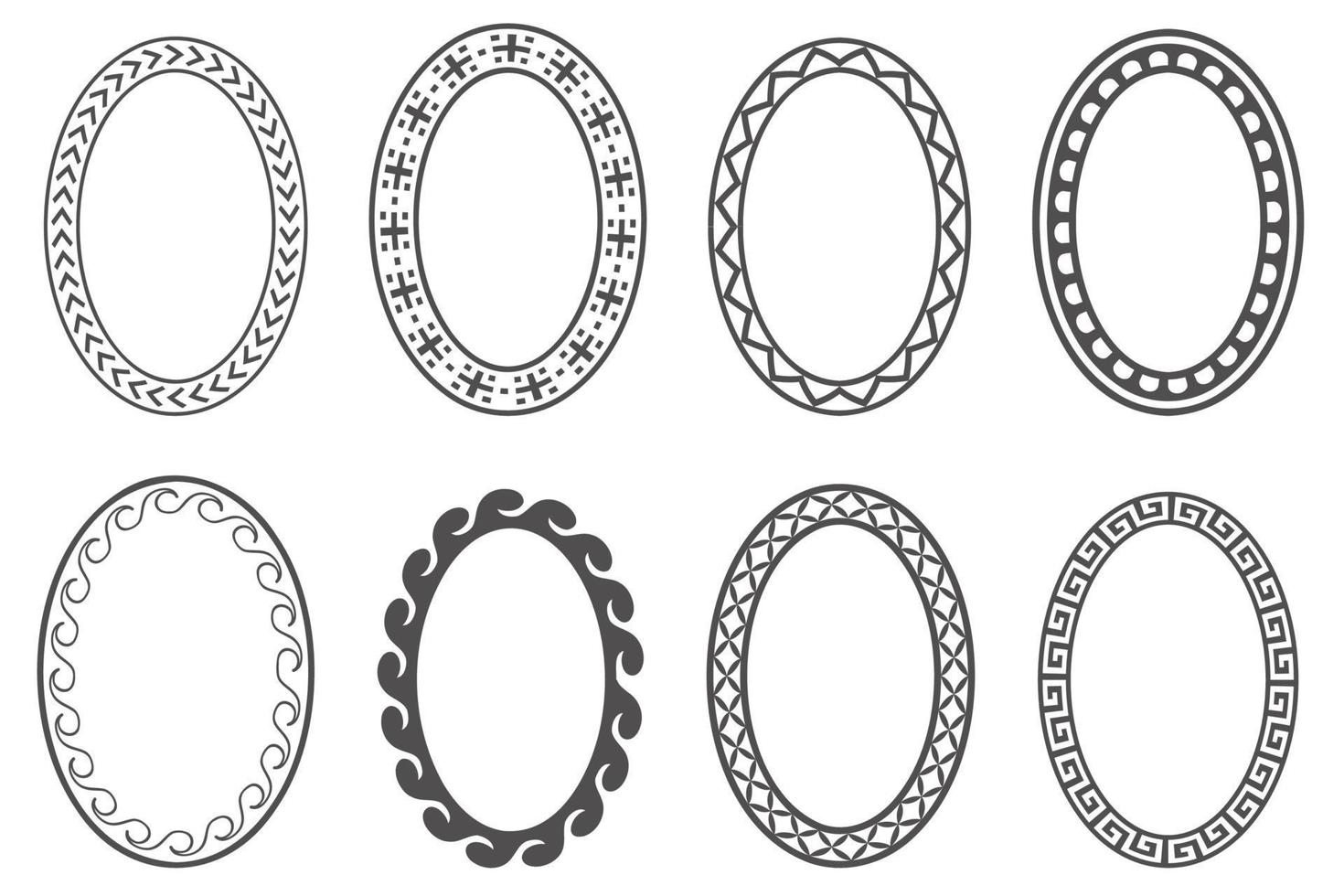 Greek key oval frame set. Circle borders with meander ornaments. Ellipse ancient designs. Vector