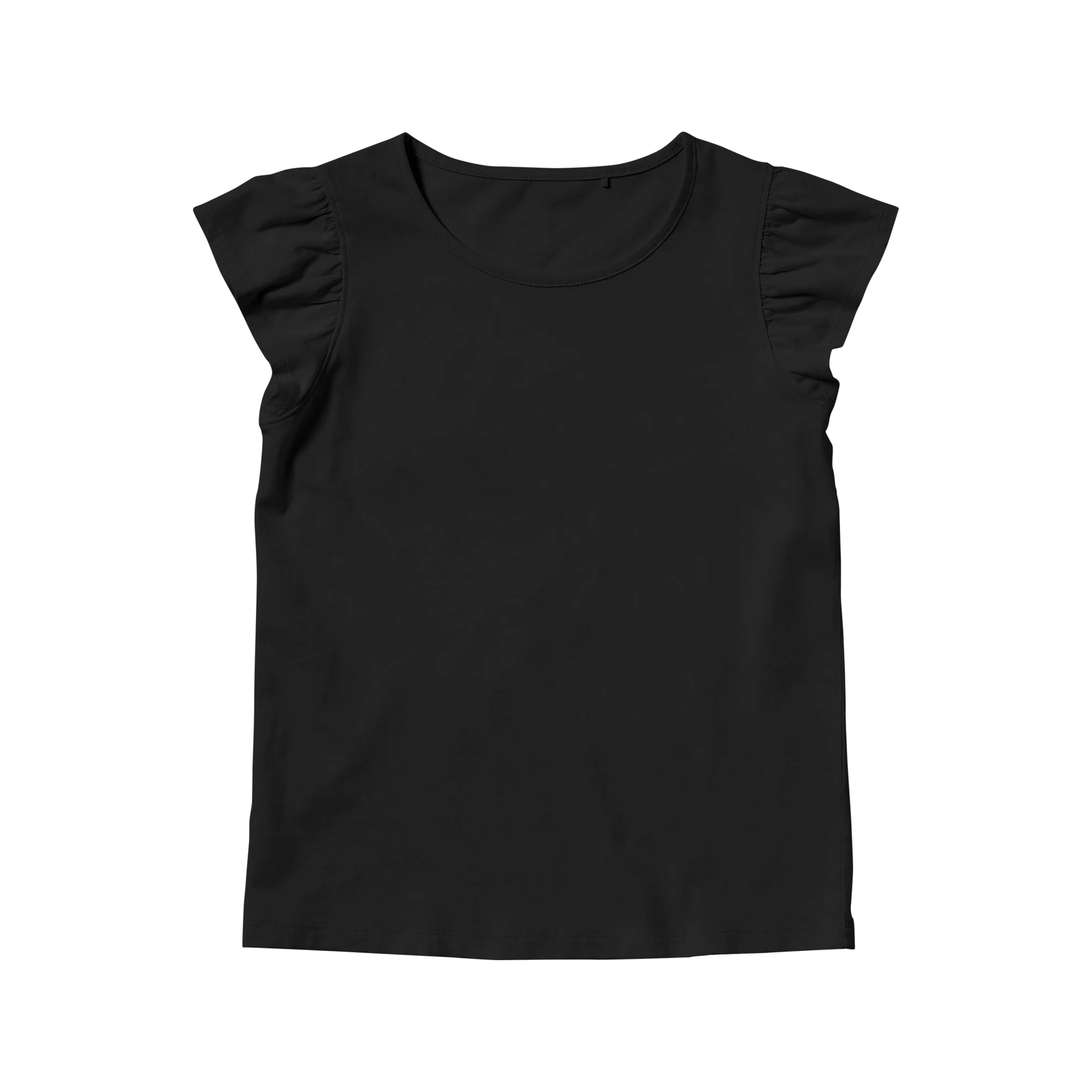 Girls' black cotton blank t-shirt template front view on a transparent ...