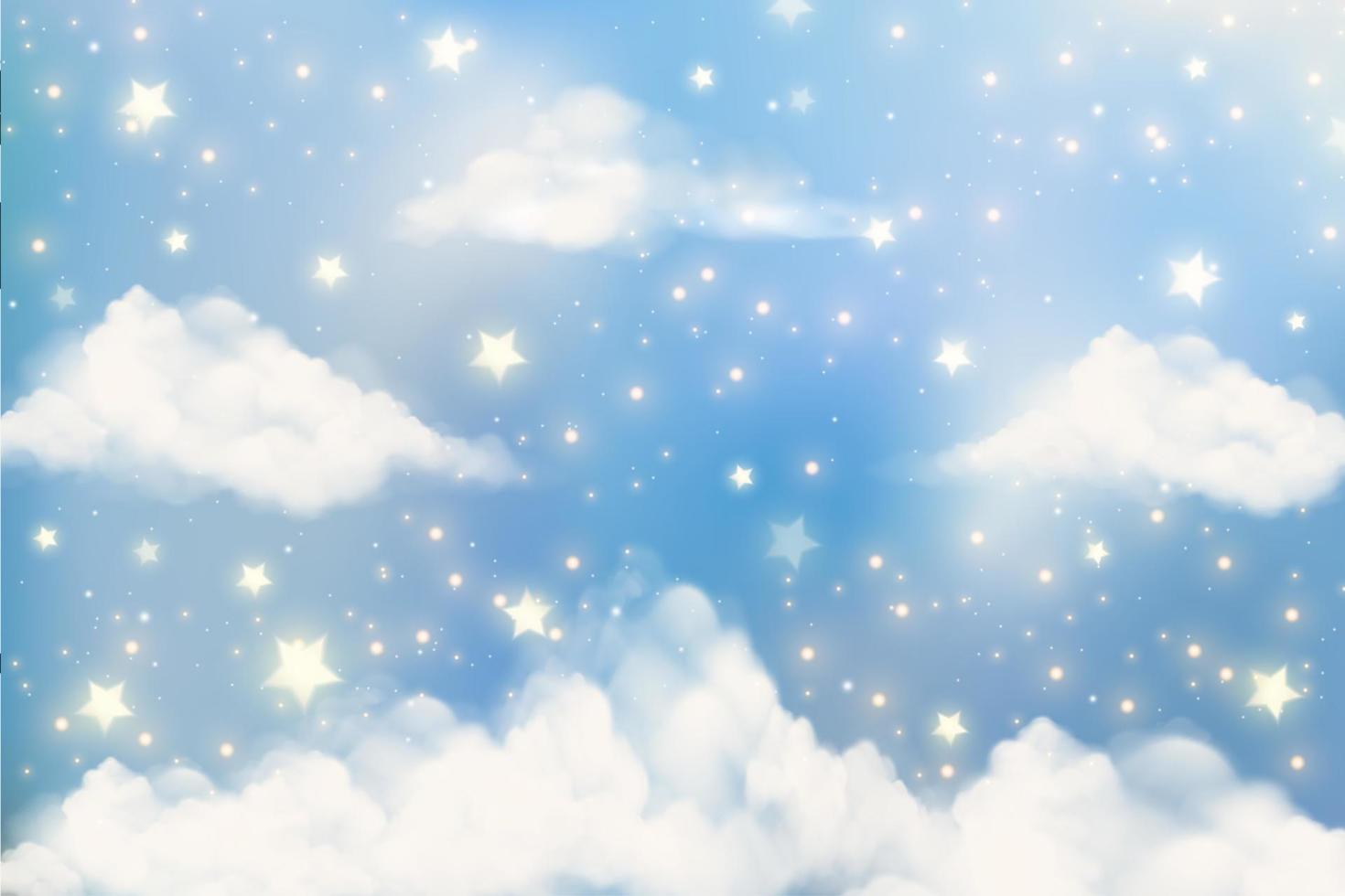 Blue cloudy sky with stars. Beautiful fluffy space. Nature environment background. Vector illustration.