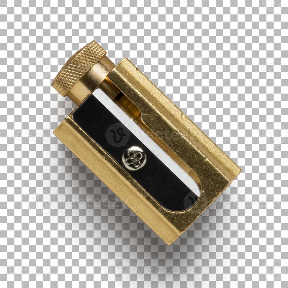 Isolated closeup of golden pencil sharpener photo