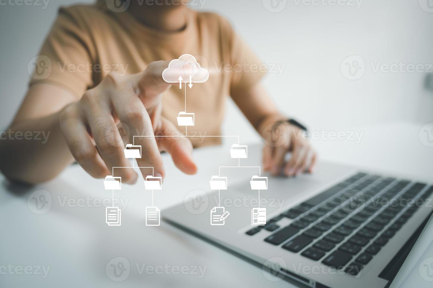 Officer using laptop manage files, Document Management System DMS, Online document database management, automated processes to manage system, ERP enterprise efficient, business technology. photo