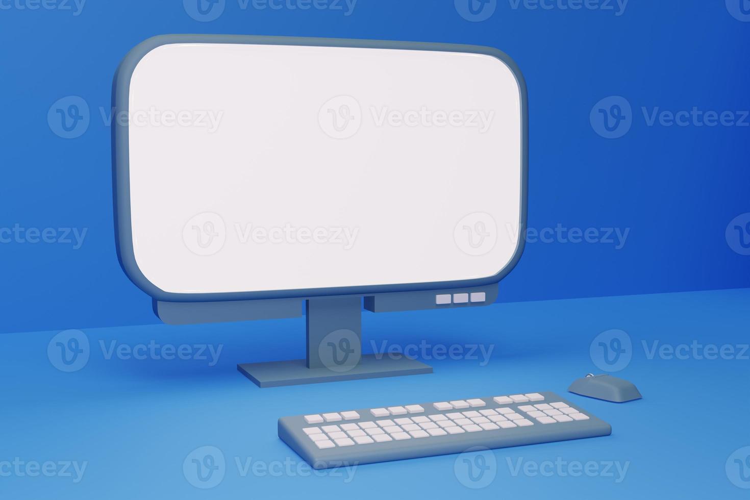 Desktop computer in 3D space with white blank screen. Mockup for design. photo