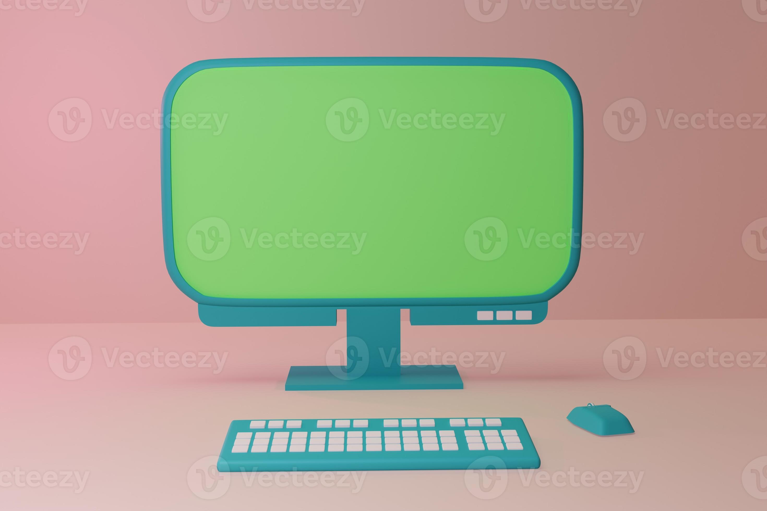 Desktop computer monitor, keyboard and mouse in 3D space. Desktop. Green screen for insertion