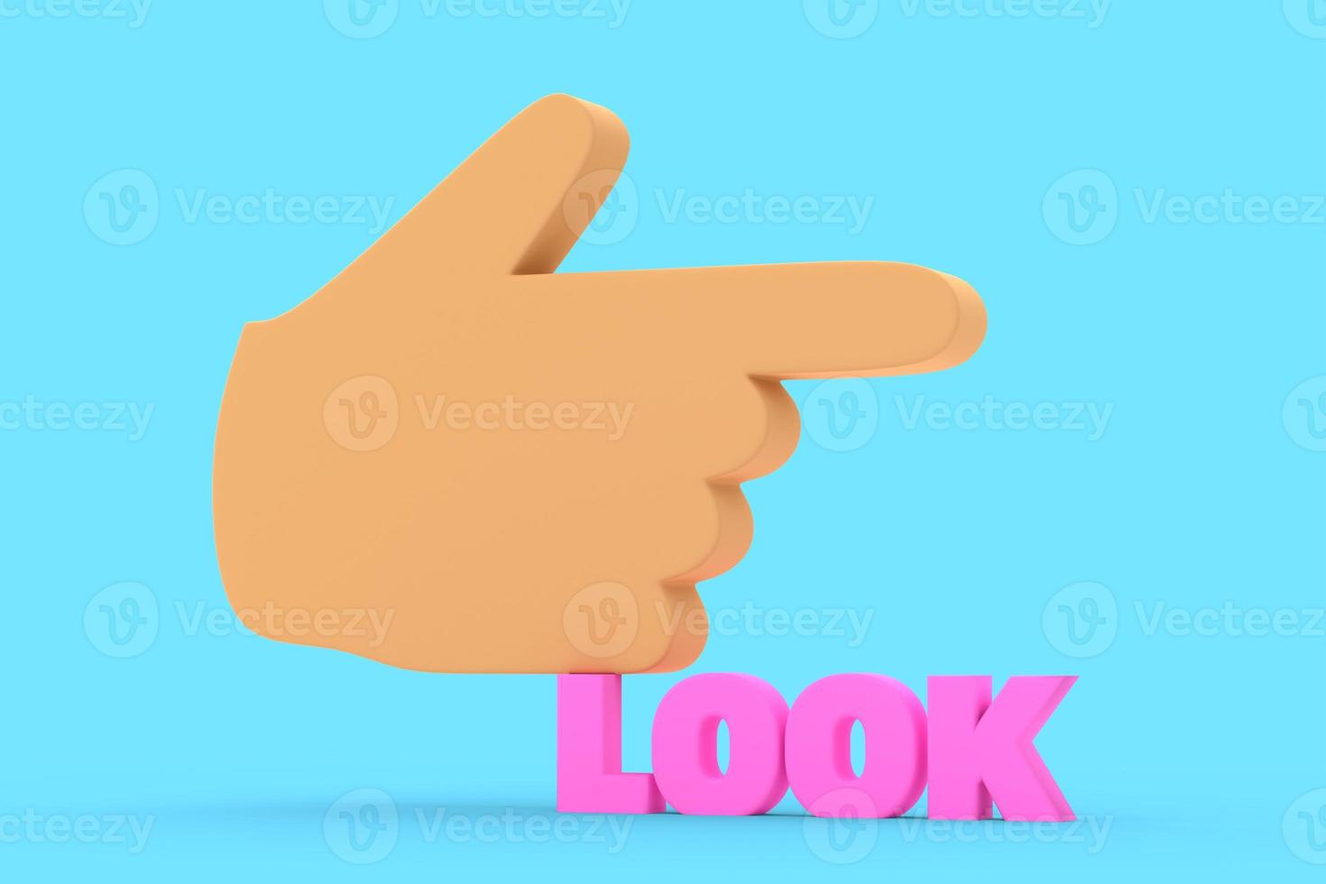 Index finger sign with inscription LOOK on blue background in 3D space. photo