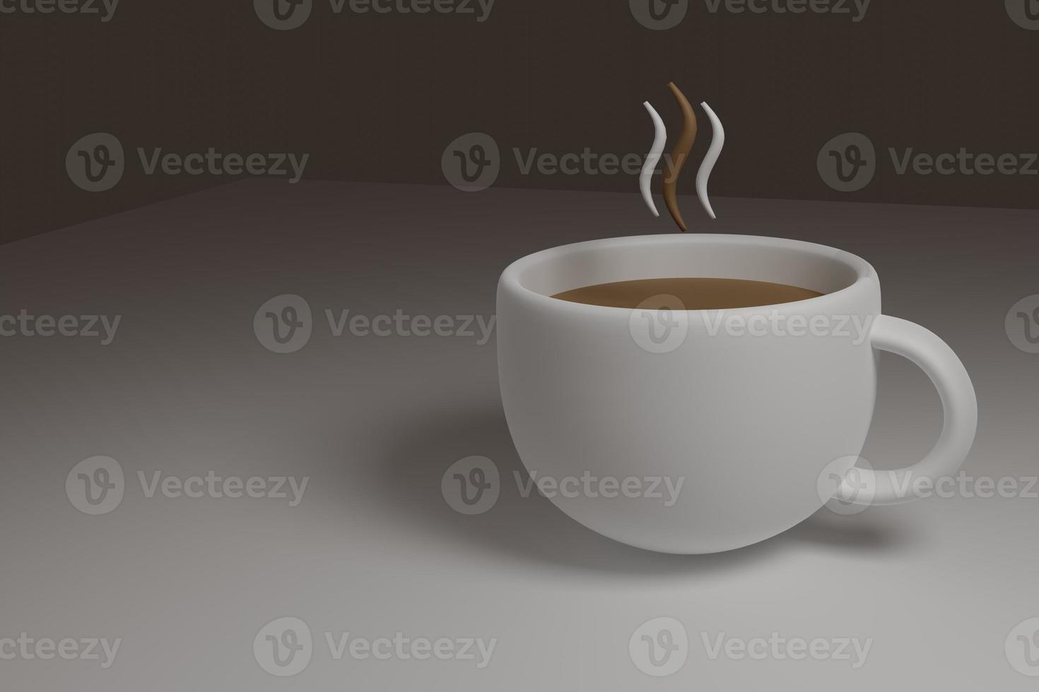 Light cup of aromatic coffee stands on table in 3D space. Mockup of cup. photo