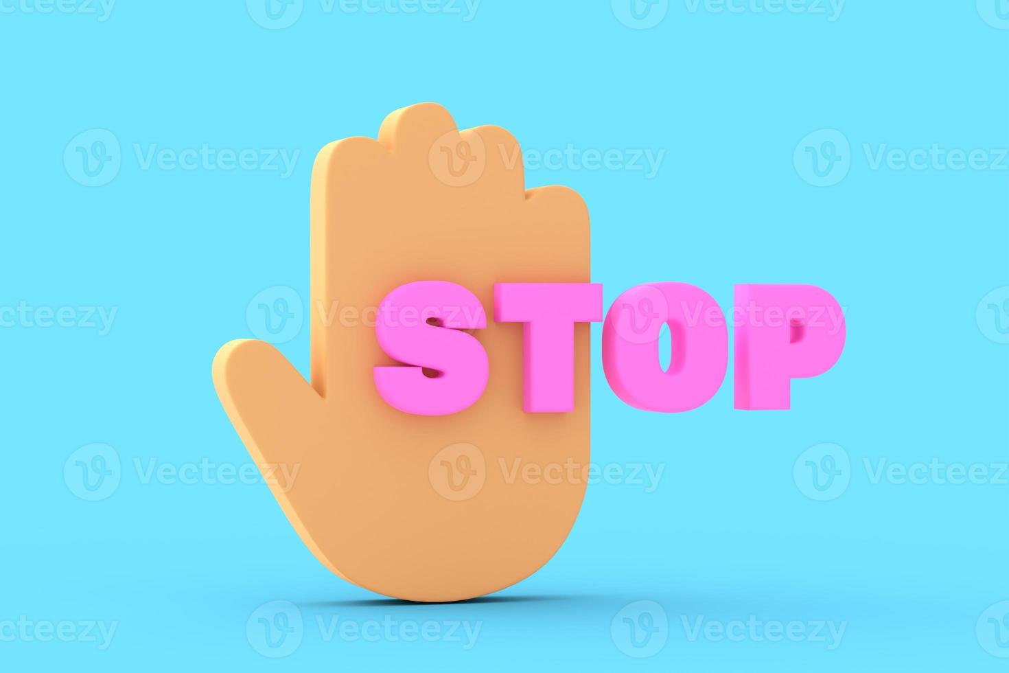 Inscription STOP and corresponding hand sign in 3D space on blue background. photo