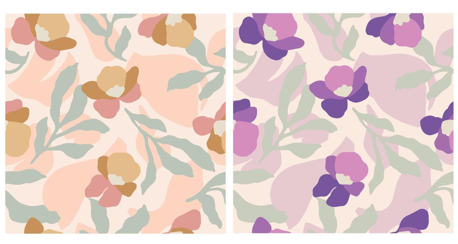 Vector flower and leaf illustration seamless repeat pattern 2 color ways set