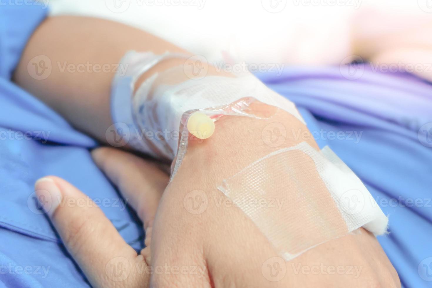Close up saline drip in patient's hand in hospital photo