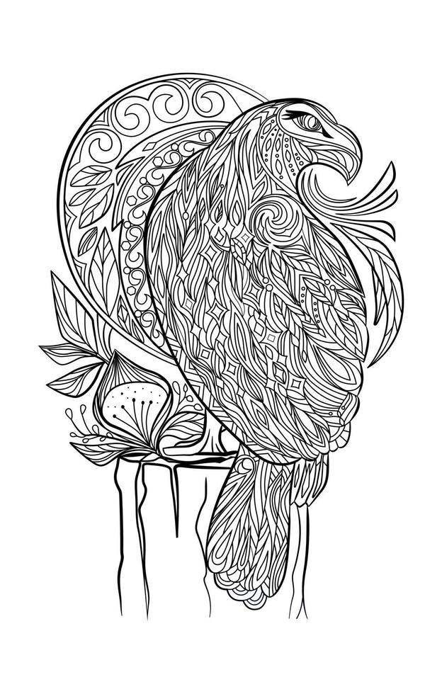 Illustration of a bird sitting with folded wings. Page for coloring vector