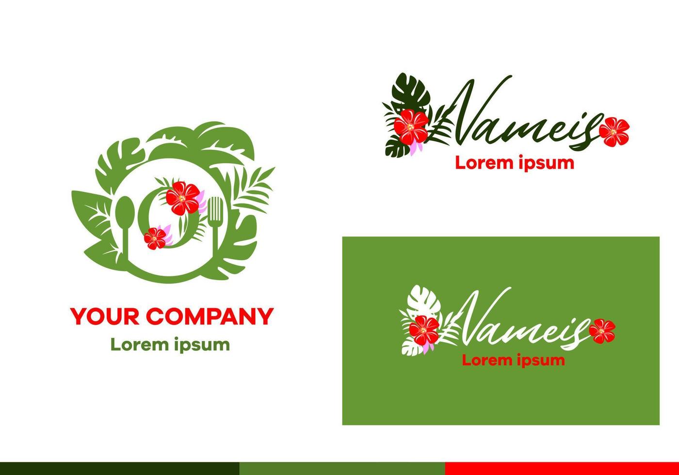 Logo for a cafe or restaurant. Round shape sign, letter O and tropical flowers and leaves vector