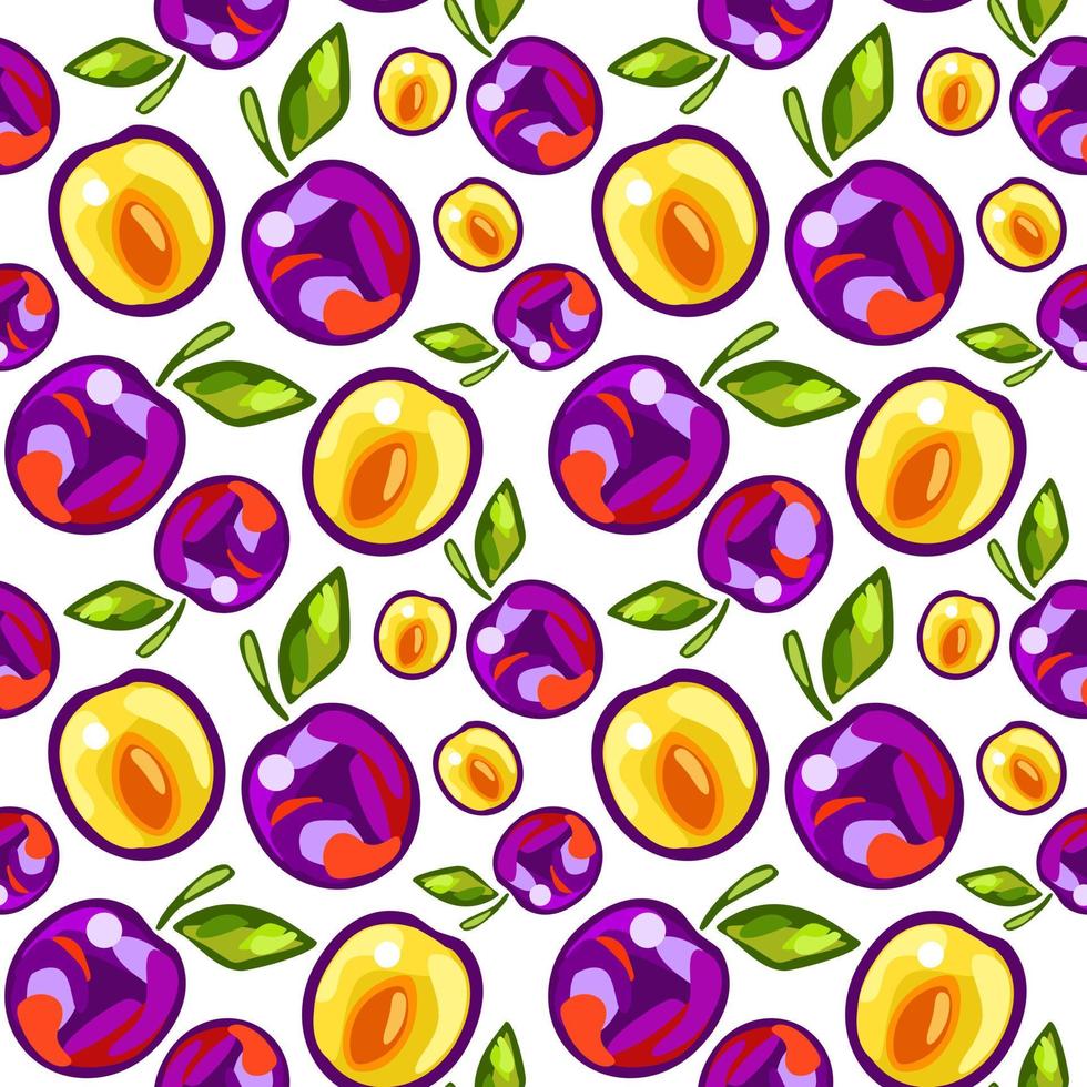 Seamless pattern of plums with leaves on white background vector