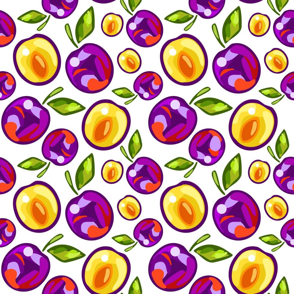 Seamless pattern of plums with leaves on white background vector