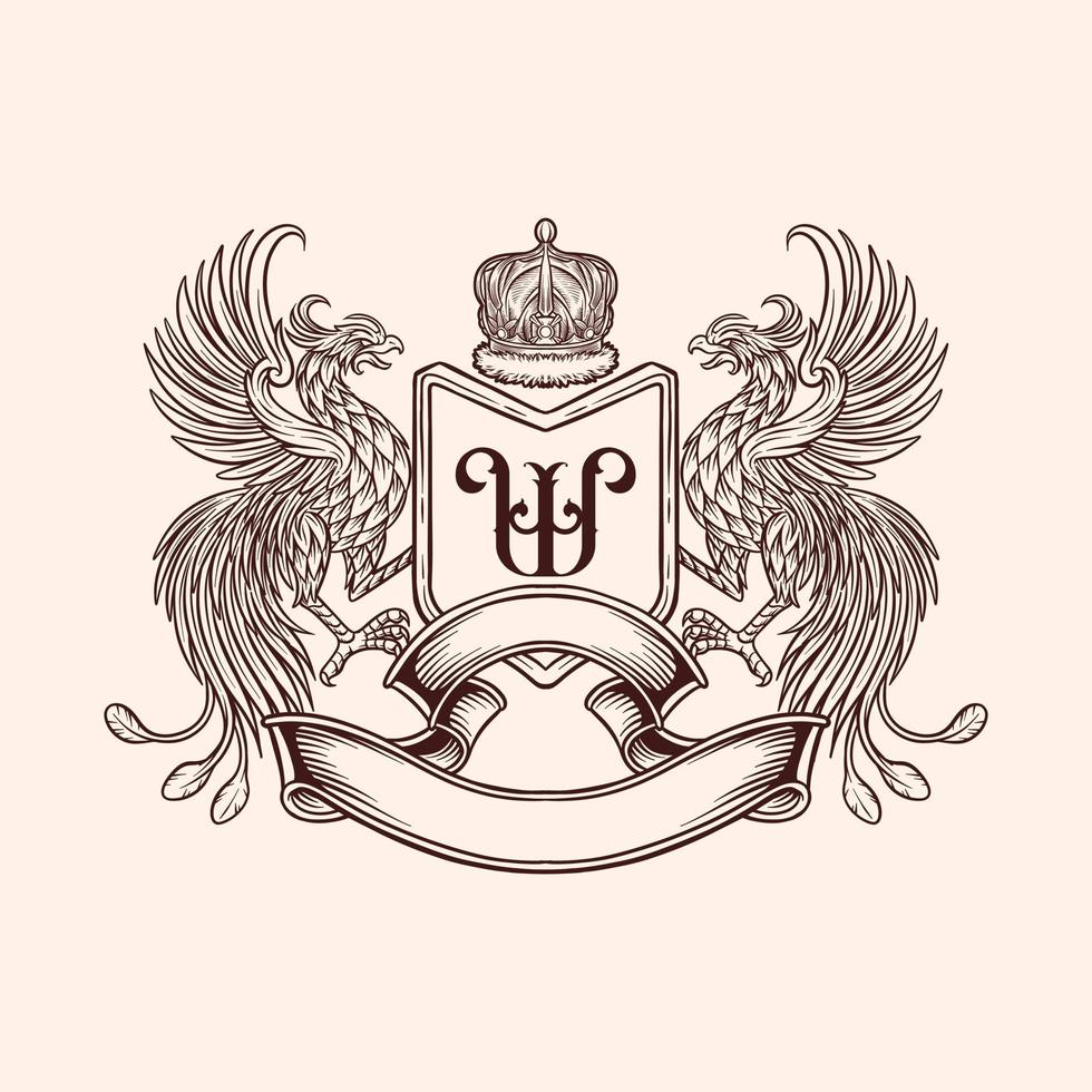 Heraldic coat of arms with shield with two phoenixes in vintage style vector