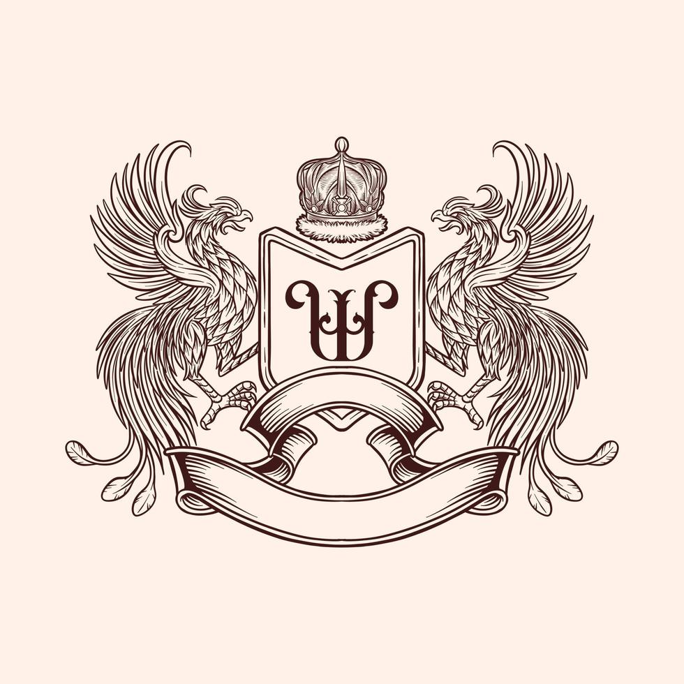 escudo de armas heráldico con escudo con dos fénix en estilo vintage vector