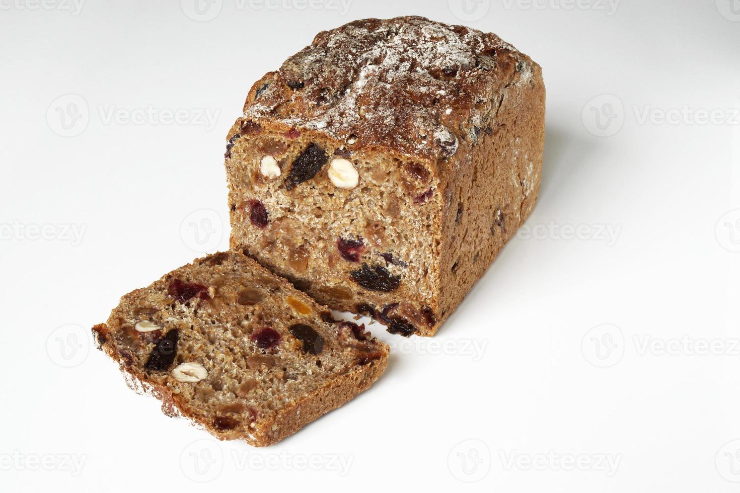 German fruit bread on white photo