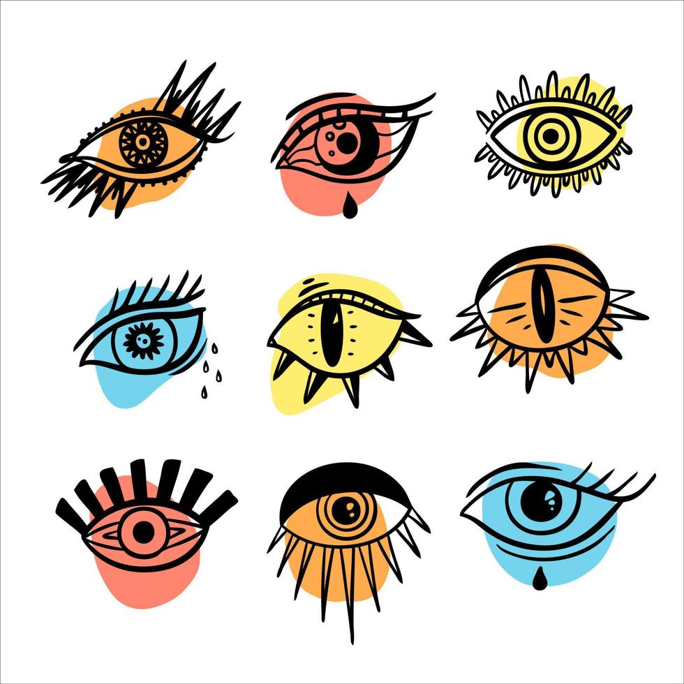 conjunto de símbolos de ojos malignos. emblema místico oculto, diseño gráfico. alquimia de signos esotéricos, estilo decorativo. ilustración vectorial vector