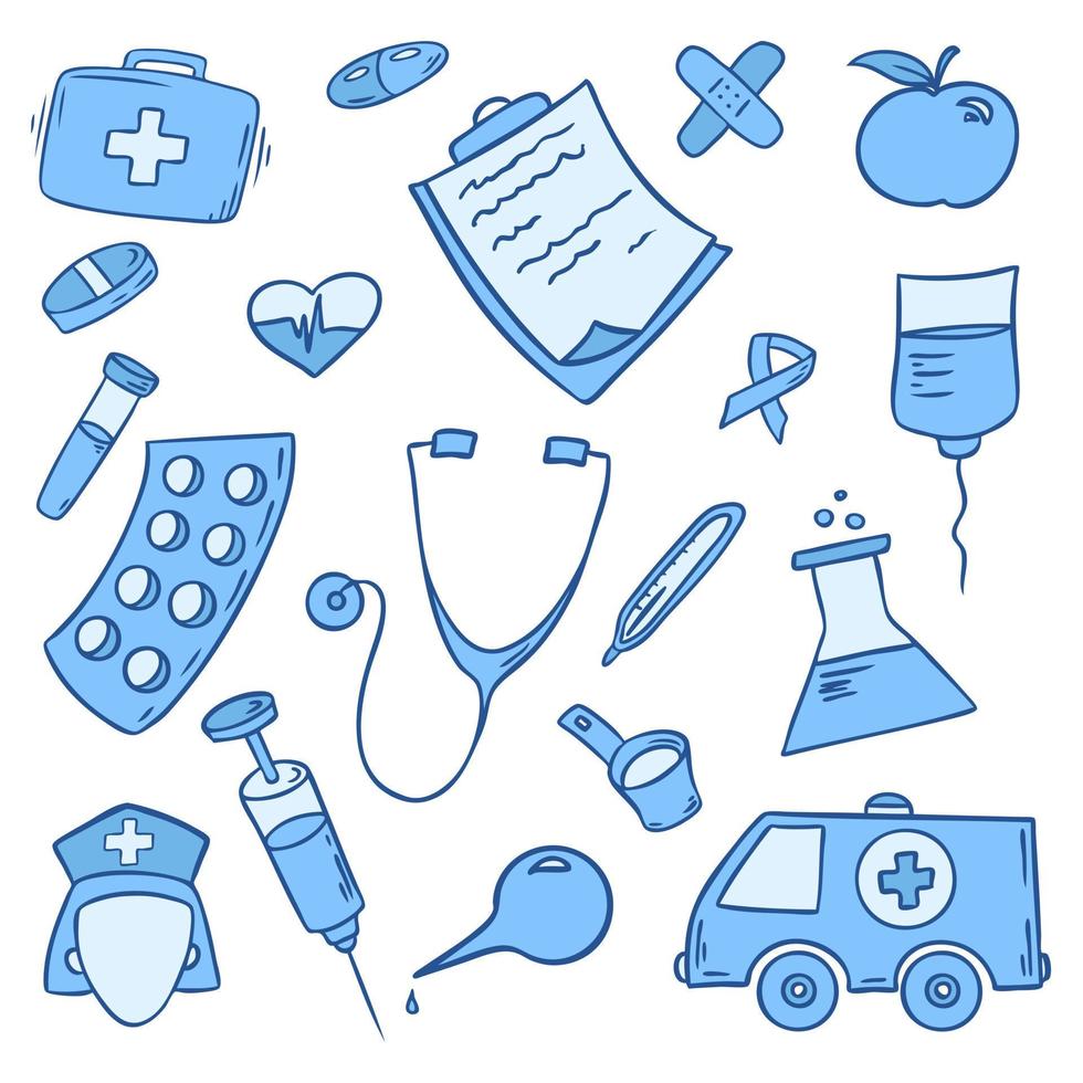 Hand drawn collection of daily necessities. Medical and health care items. Vector illustration. Health and Care. Design for clinics, hospitals, pharmacies, medical poster.