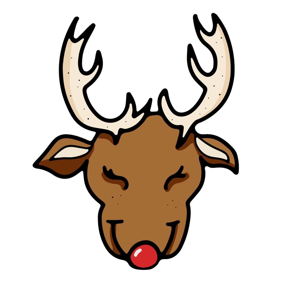 Brown Christmas deer head with doodle style outline. vector