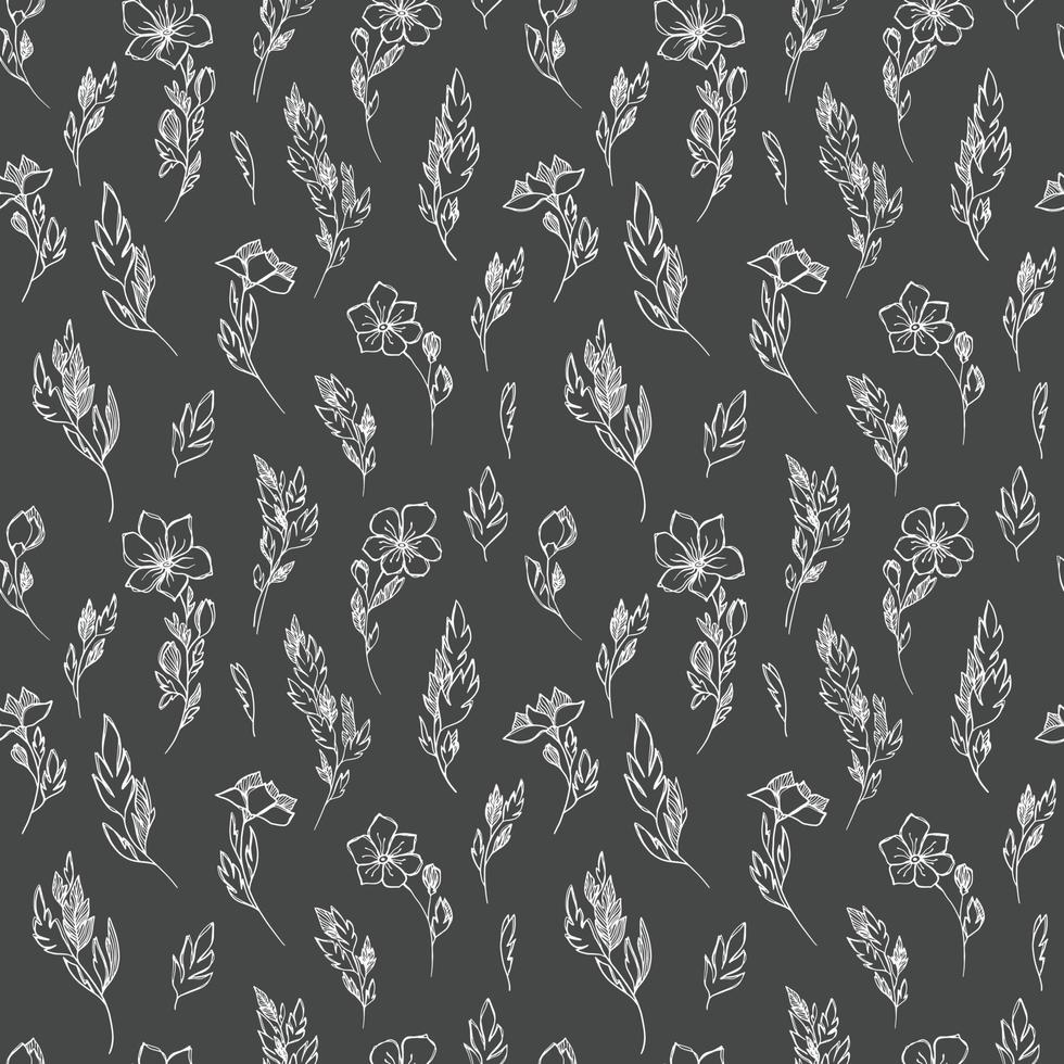 Linear floral black and white seamless pattern in doodle style. Vector illustration.