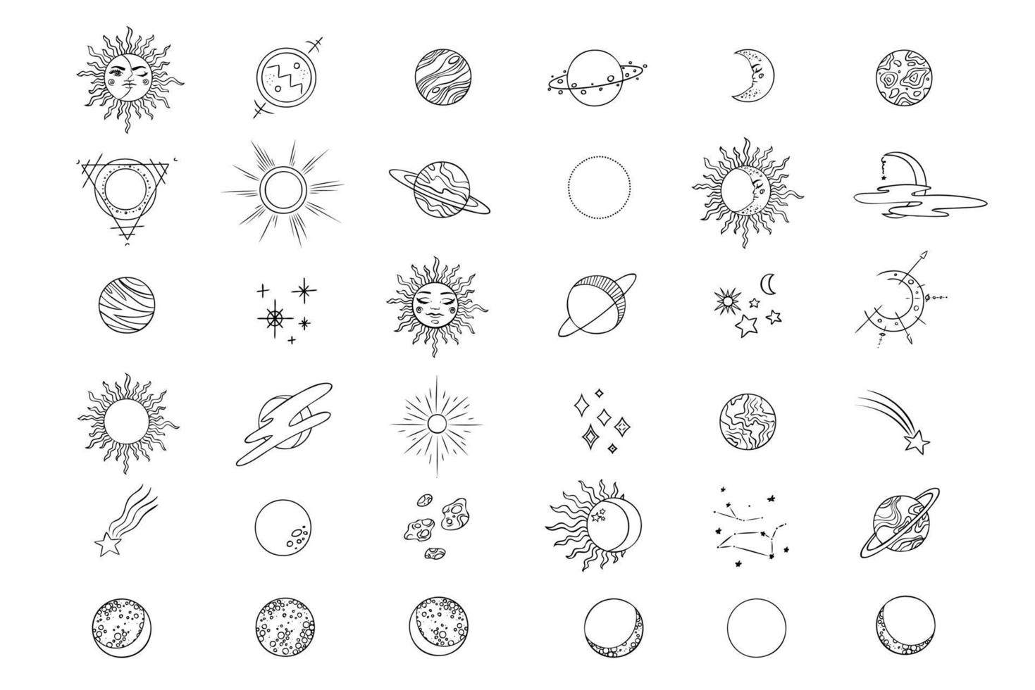 Esoteric symbols with the moon and the sun. Celestial signs. Vector illustration in hand drawn style