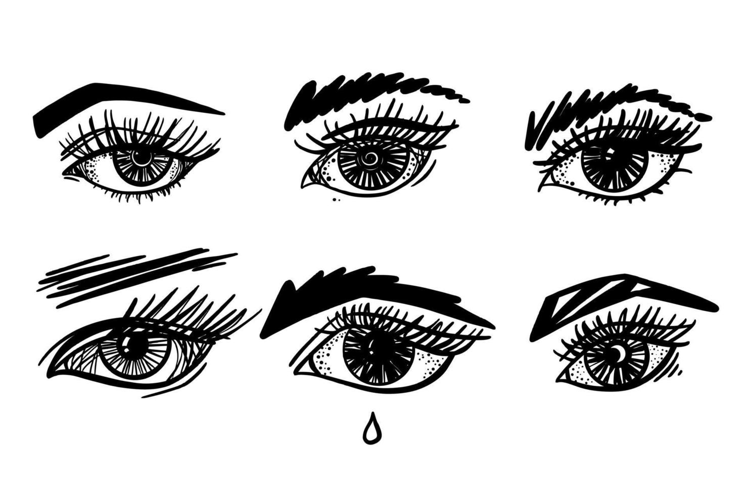Set female eye with eyelashes and eyebrows, black and white vector sketch.