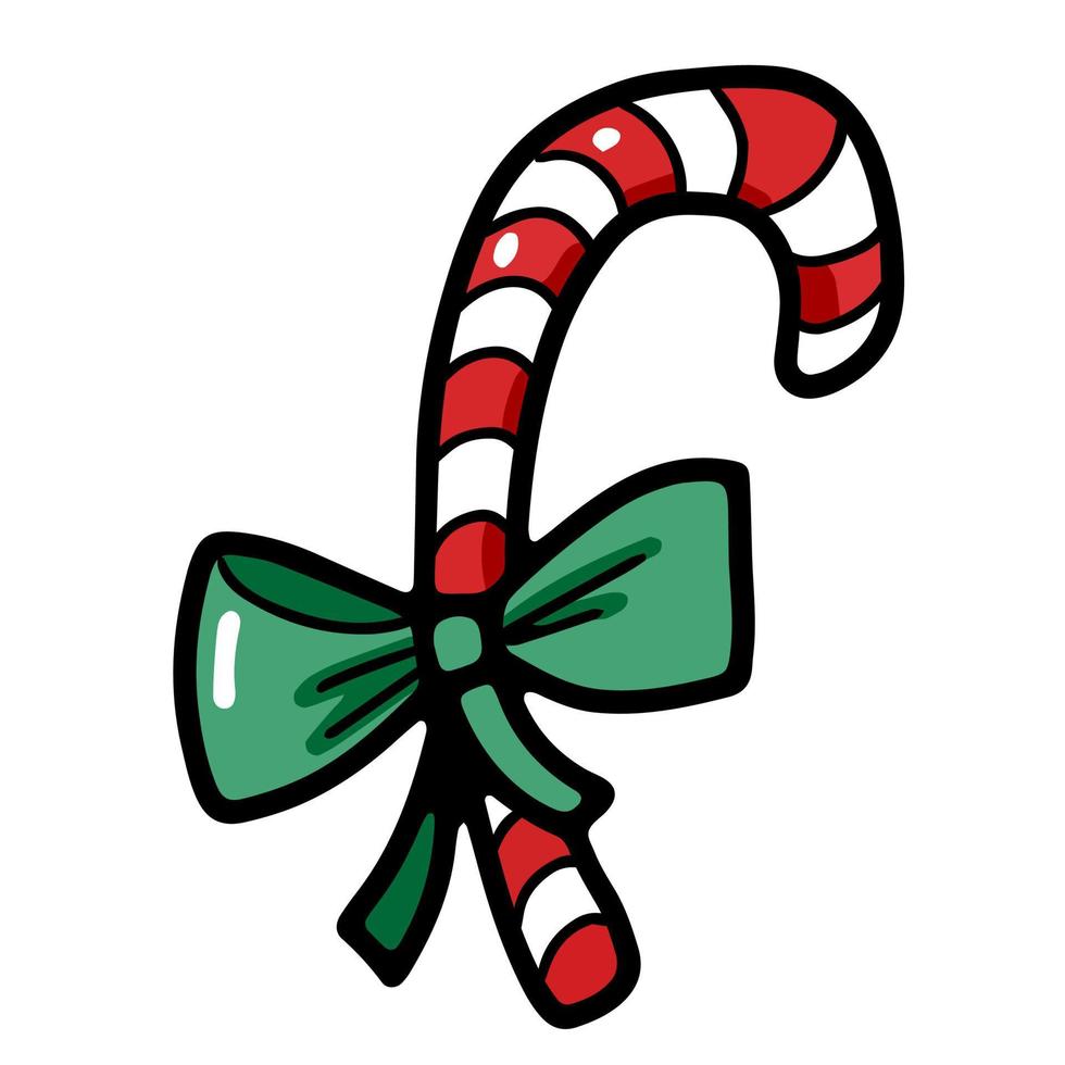 Cute sweet Christmas candy cane with ribbon in doodle style vector