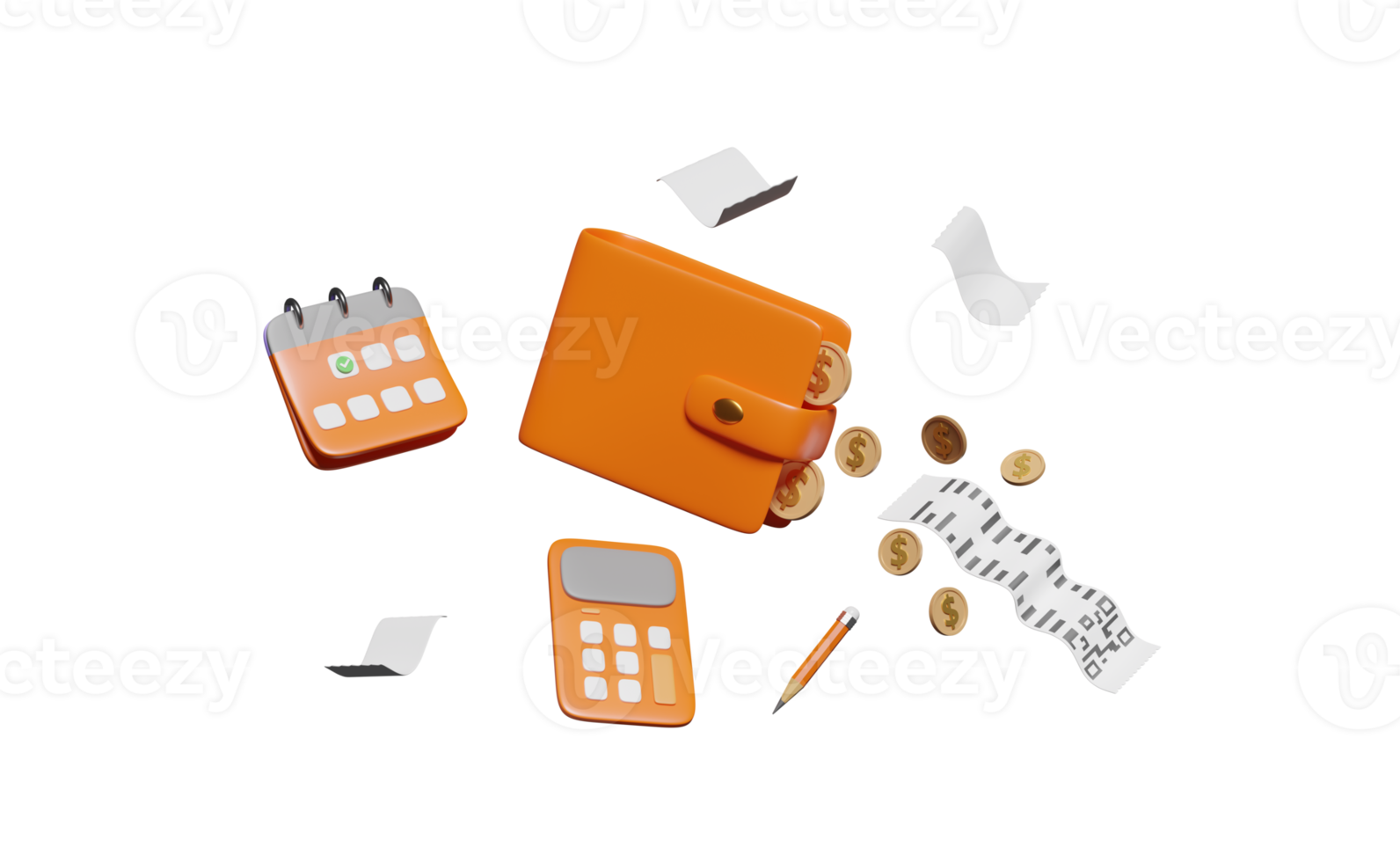 Flotador de billetera naranja 3d con calculadora, calendario, papel de recibo de factura, monedas de dinero en dólares, lápiz aislado. factura, factura electrónica, concepto mínimo, ilustración 3d png