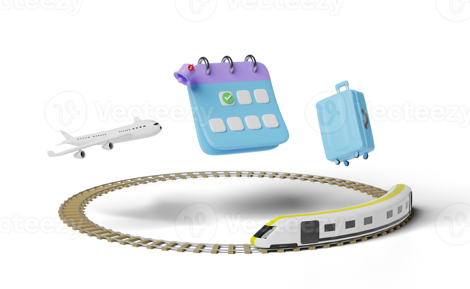 calendário com mala, brinquedo de transporte de trem do céu 3d, avião, ícone de marca de seleção, data marcada, sino de notificação isolado. agendar compromisso, trem de viagem de verão, itinerário, ilustração de renderização 3d png