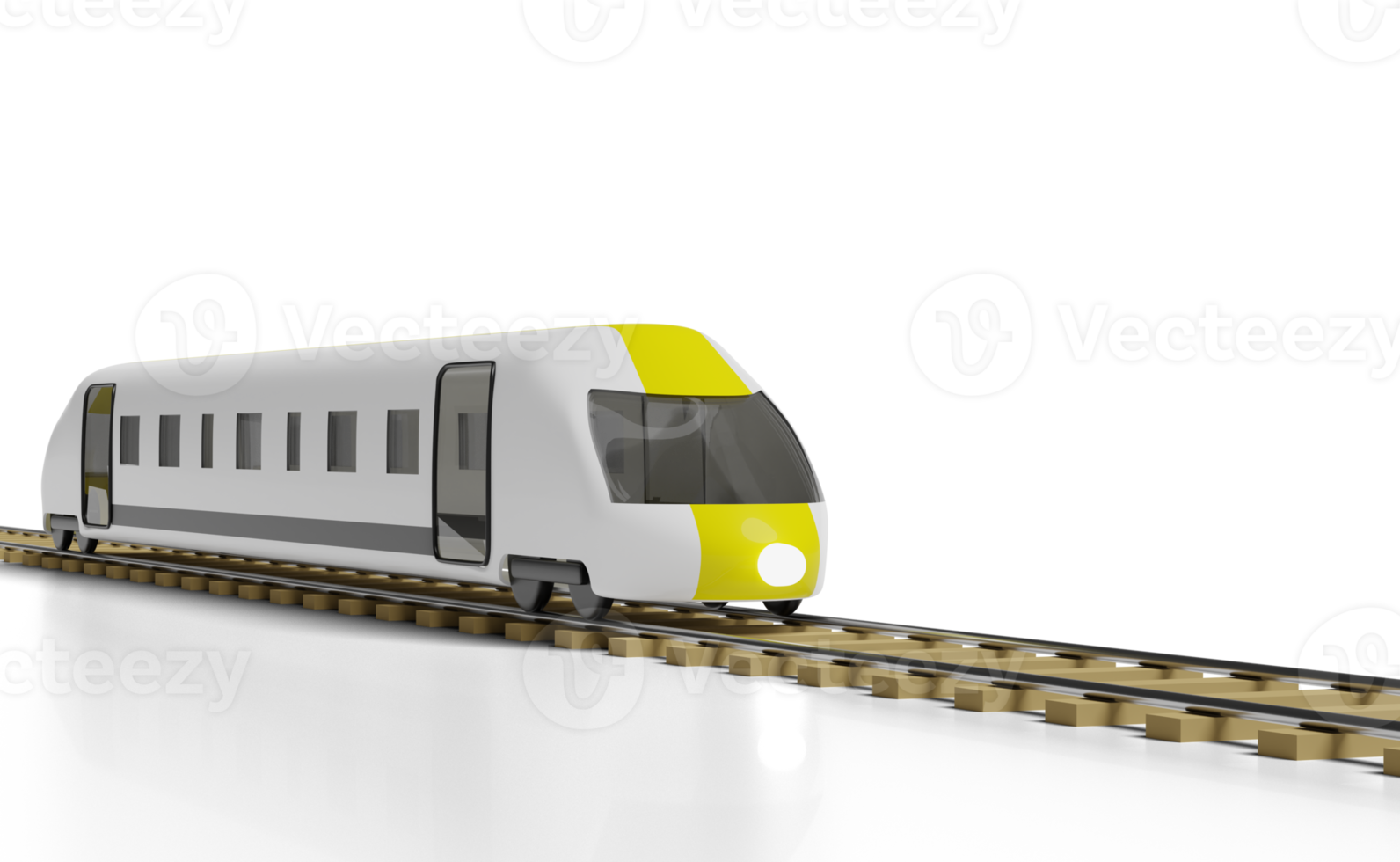 Caricatura de tren bala en 3d con vías férreas, juguete de transporte de tren aéreo, servicio de viajes de verano, planificación de trenes de turismo para viajeros aislados. ilustración de procesamiento 3d png