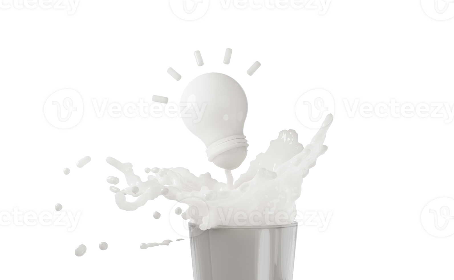 3d milch- oder joghurtkräuselungsspritzer im glas mit isolierter glühbirne. ideentippkonzept, 3d-renderillustration png