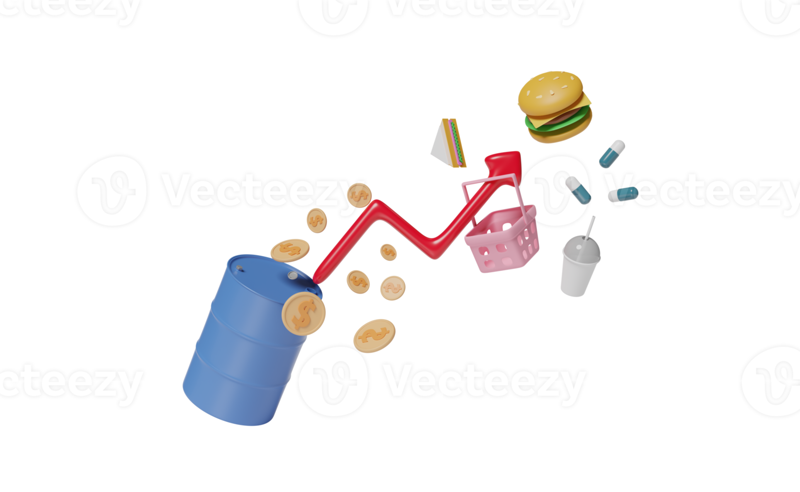 olie vat 3d met pijl diagram dollar munten, voedsel, boodschappen doen mand geïsoleerd. duur, hoog inflatie, besparing geld, verhogen de prijs concept, 3d geven png