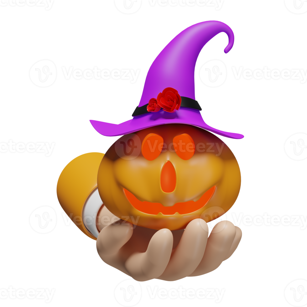 3d hand holding pumpkin holiday party with candle light in pumpkin, purple witch pointed hat isolated. minimal for happy halloween, 3d render illustration png