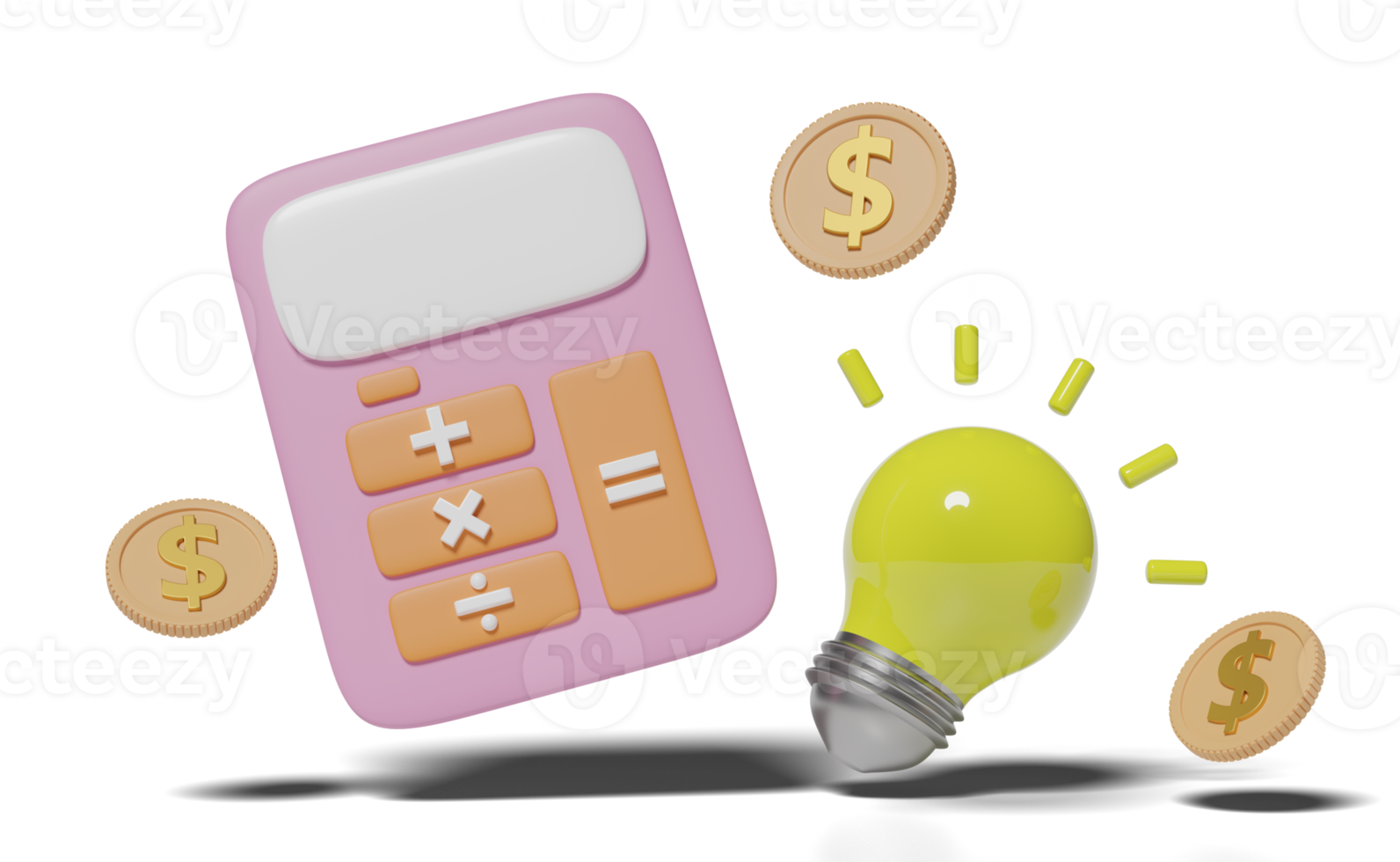 3d pink calculator icon with money dollar coin for accounting finance, yellow light bulb isolated. screen template minimal, saving money, idea tip concept, 3d render illustration png