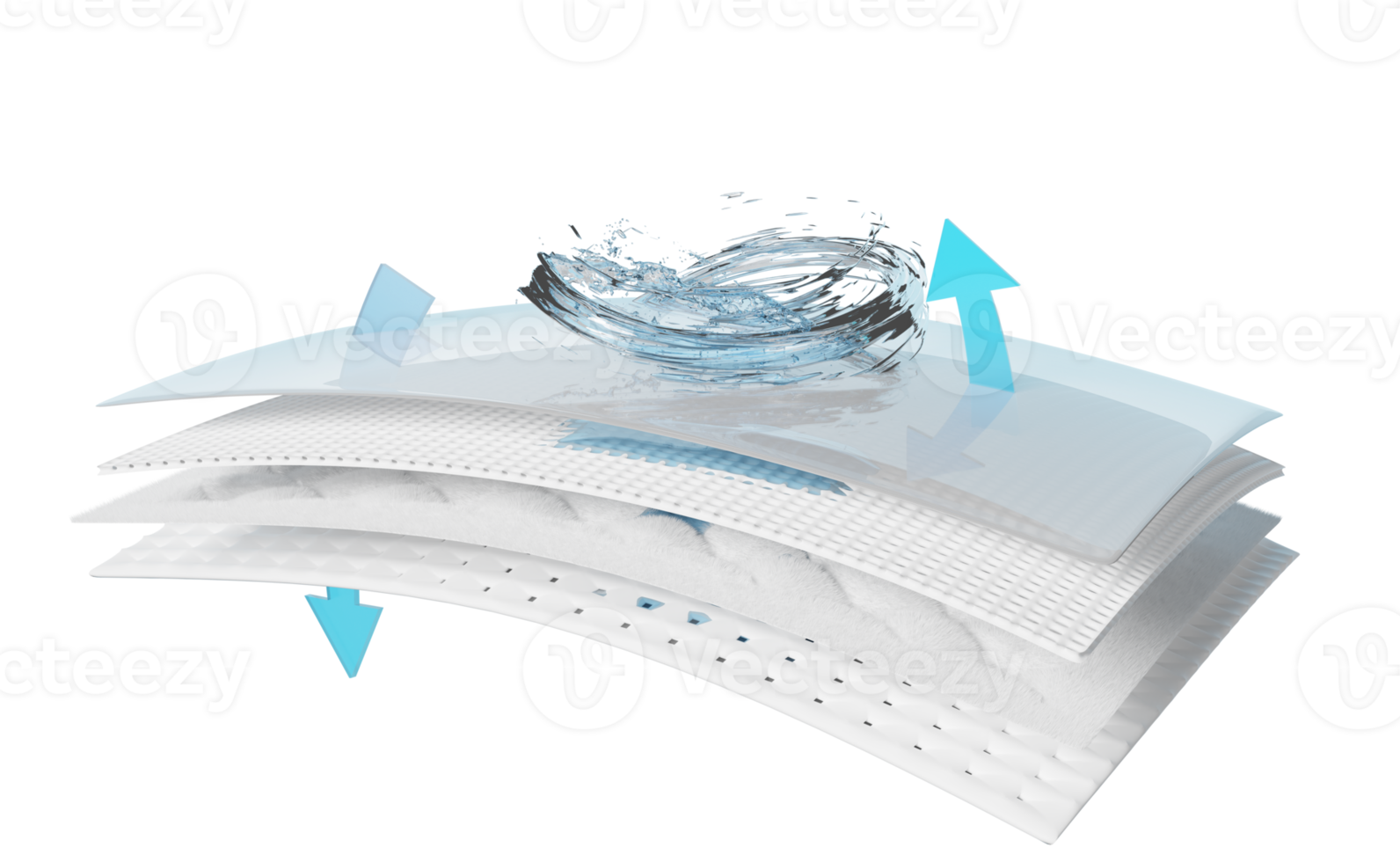 3d ventileren shows water plons transparant voor luiers, synthetisch vezel haar- absorberend laag met sanitair servet, transparant film baby luier volwassen concept, 3d geven png