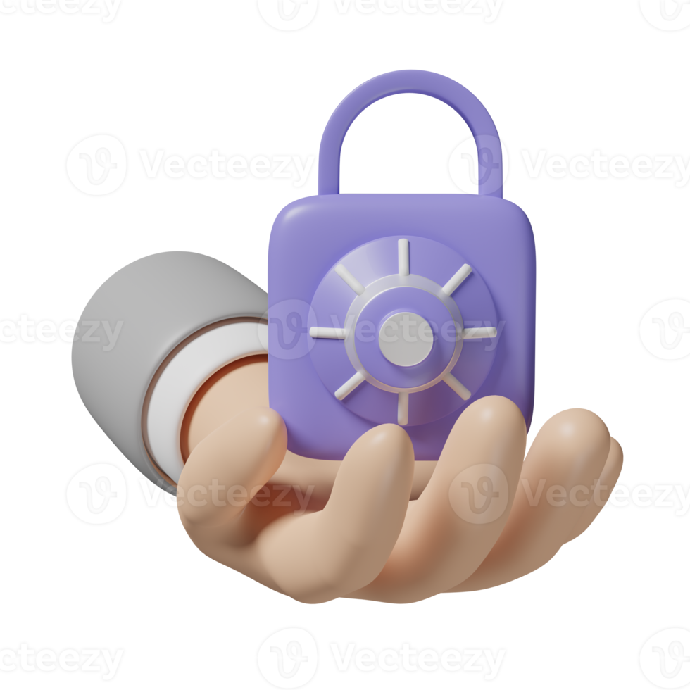 3d businessman hand holding padlock, key icon with password insecure isolated. security data protection, minimal concept, 3d render illustration png