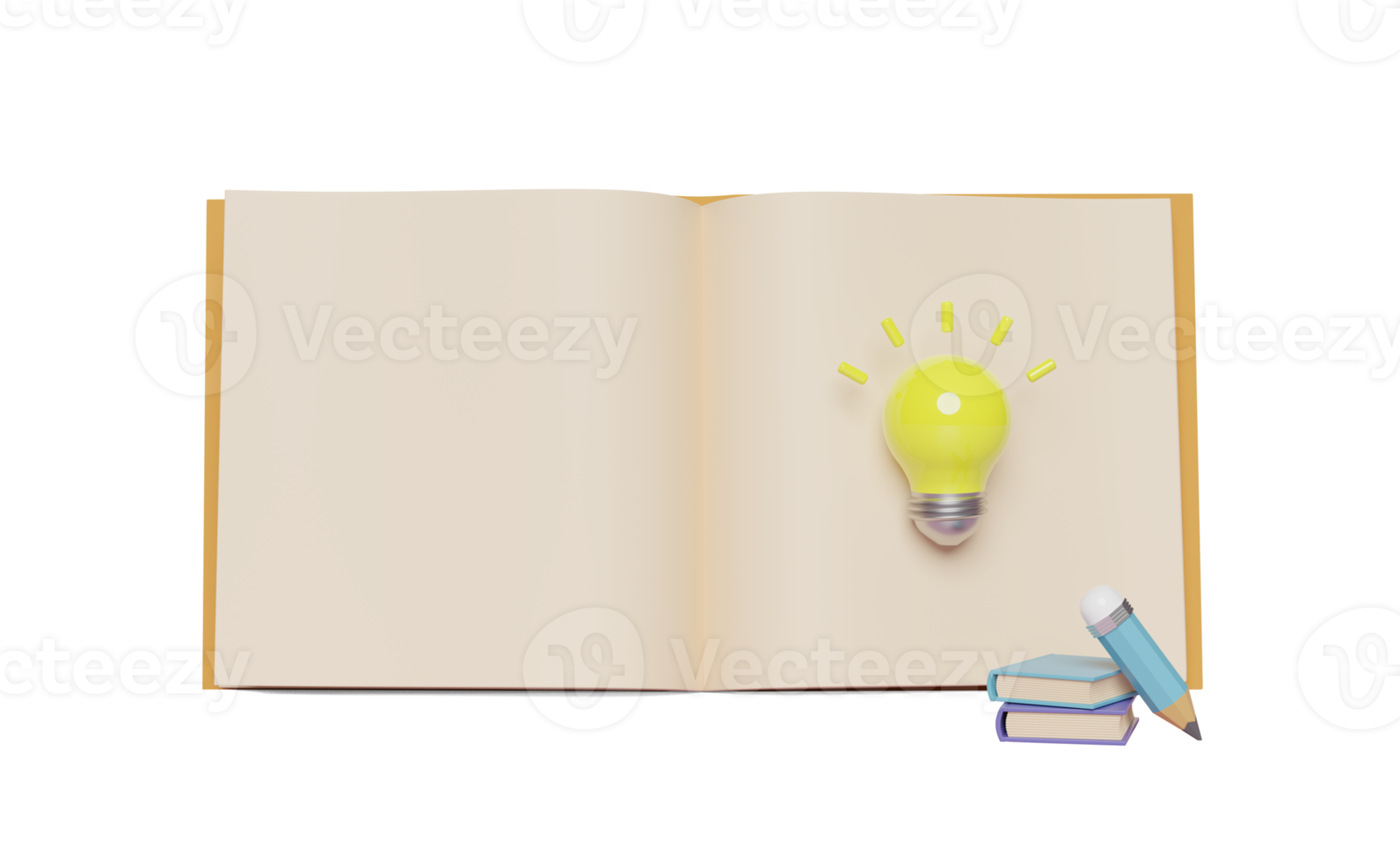 3d geel licht lamp met potlood, Open boek, leerboek, geïsoleerd. idee tip opleiding, kennis creëert ideeën concept, minimaal abstract, 3d geven illustratie png