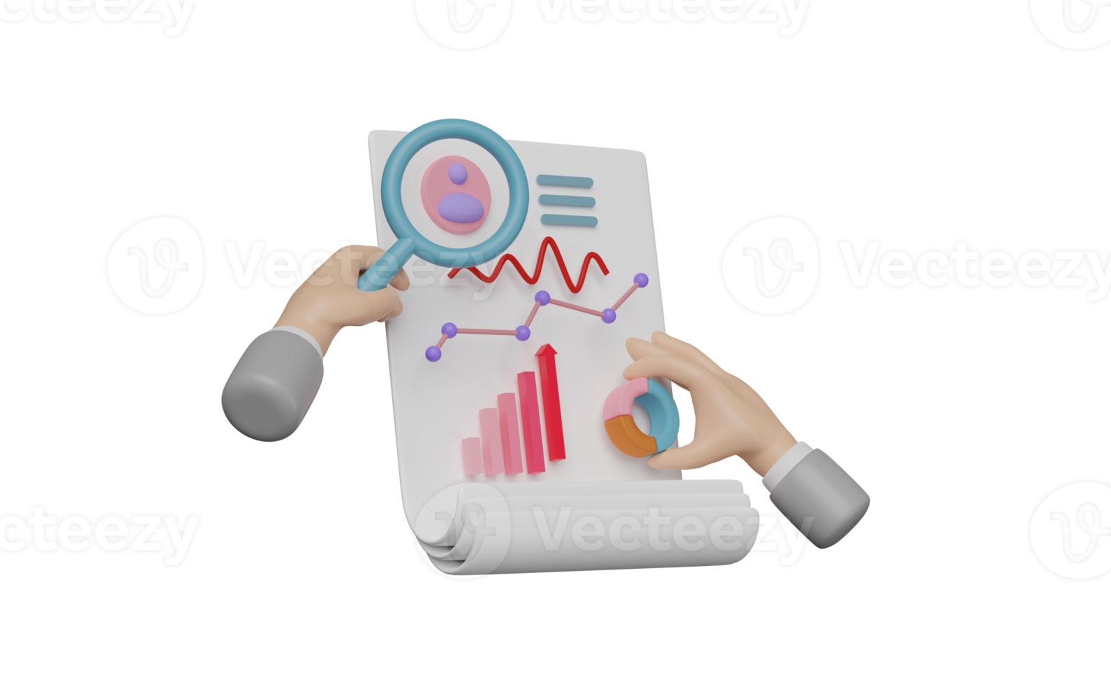 Lista de verificação da área de transferência 3D com ampliação de mão, dados pessoais, gráficos, dados financeiros de negócios de análise de gráfico isolados. estratégia de negócios, ilustração de renderização 3d png