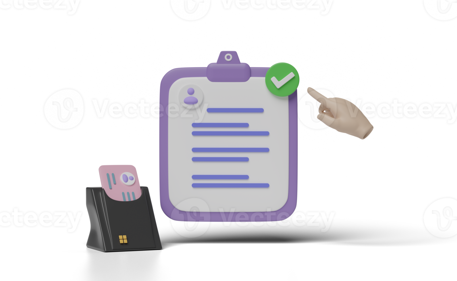 Presse-papiers 3d, icône de papier de liste de contrôle avec lecteur de carte à puce usb, carte d'identité, coche de pointage main isolée. carte d'homme d'affaires, demande d'emploi, concept de personnel de recrutement, rendu 3d png