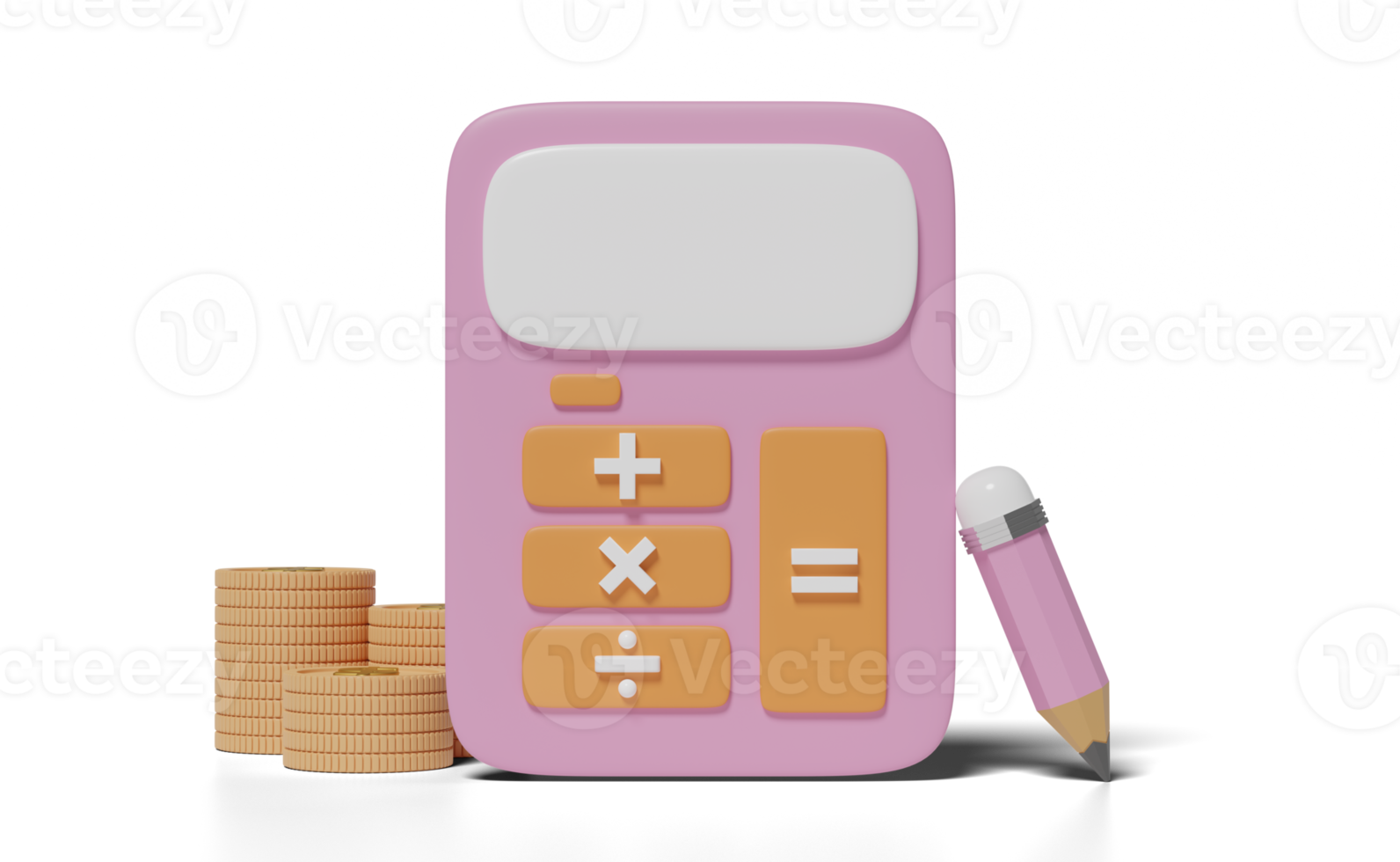 3d roze rekenmachine icoon met geld dollar munt stack voor accounting financiën, potlood geïsoleerd. scherm sjabloon minimaal, besparing geld concept, 3d geven illustratie png