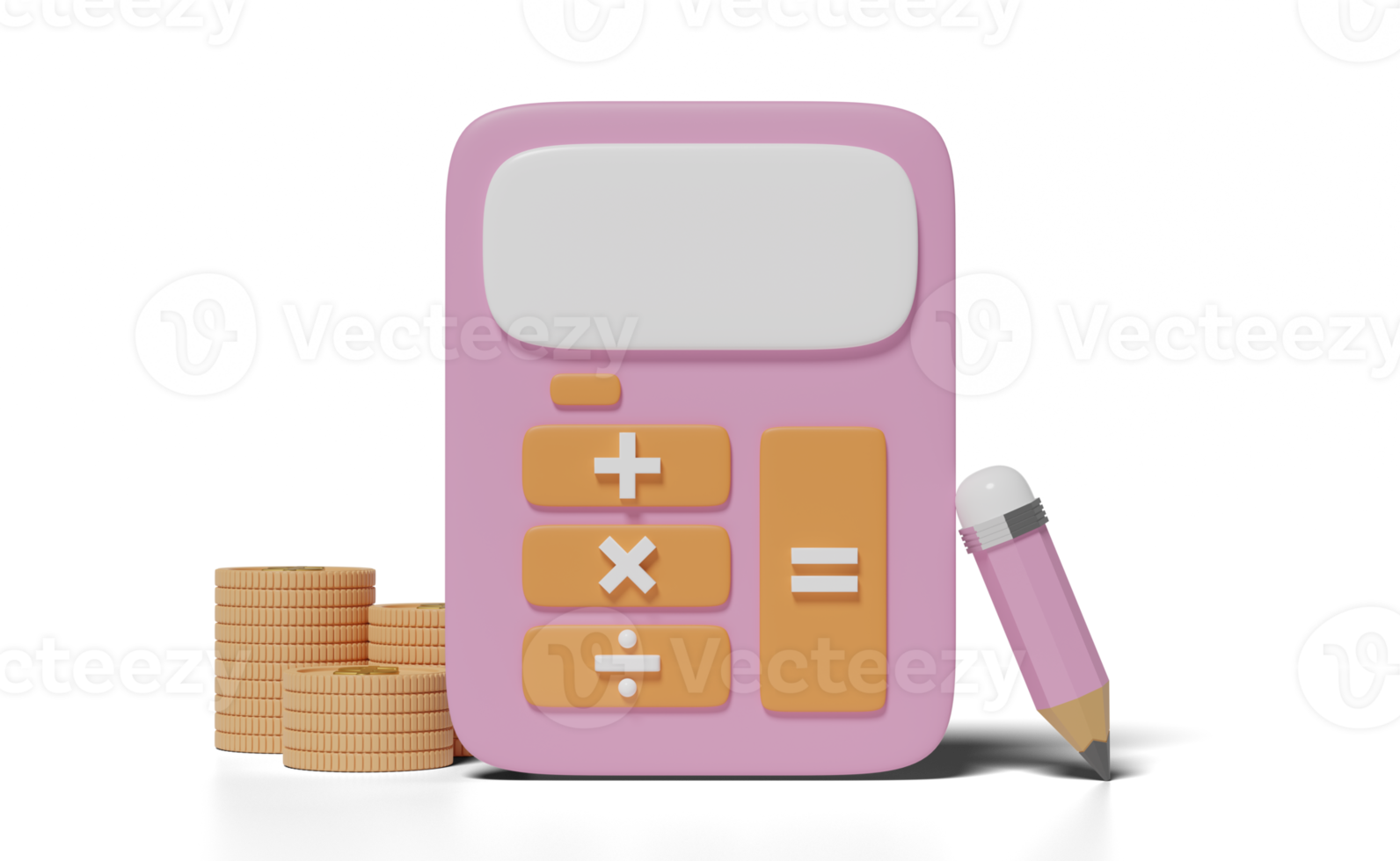 3d pink calculator icon with money dollar coin stack for accounting finance, pencil isolated. screen template minimal, saving money concept, 3d render illustration png