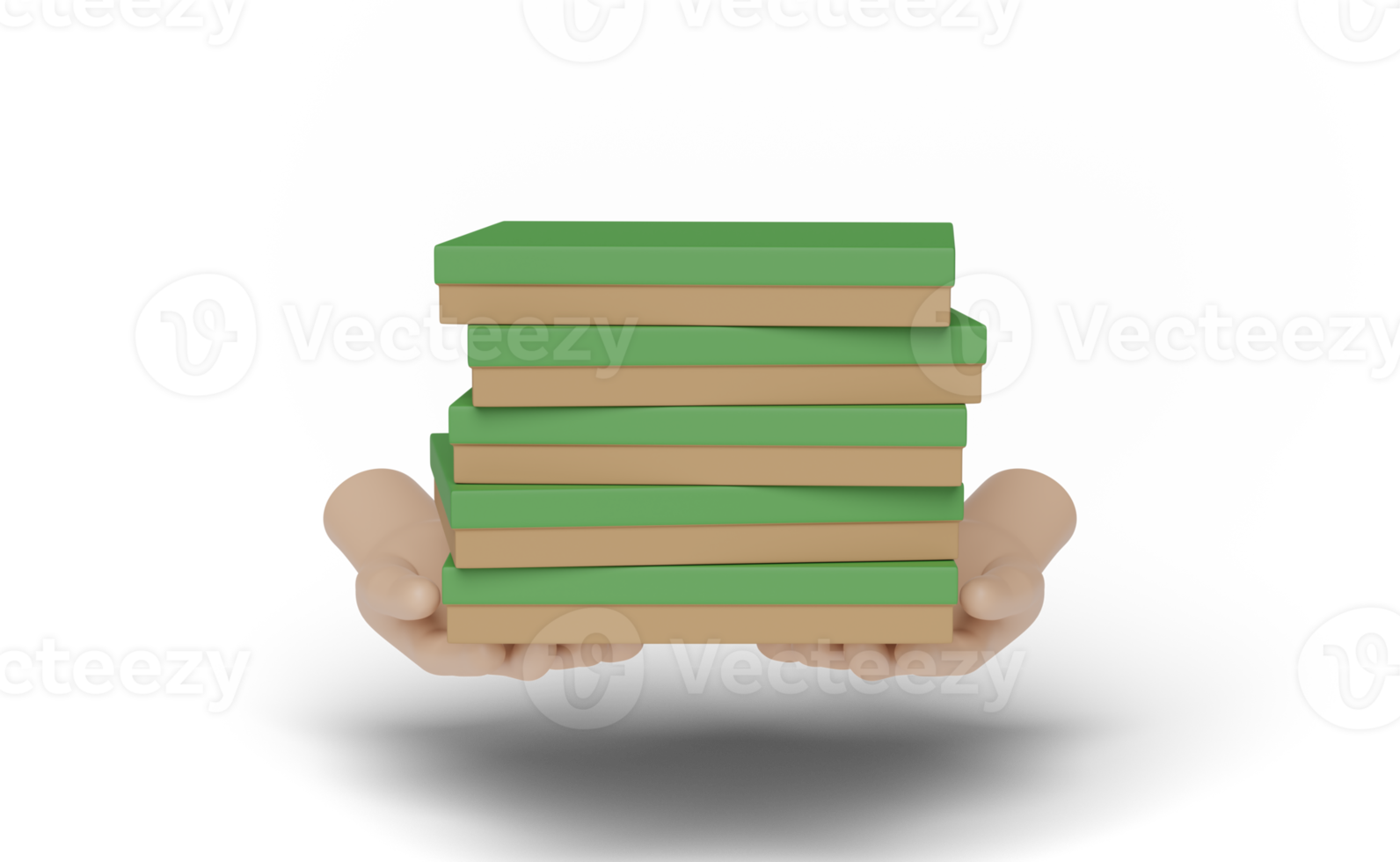 3d hand- Holding groen pizza doos stack vlotter geïsoleerd. uitdrukken voedsel levering onderhoud concept, 3d geven illustratie png