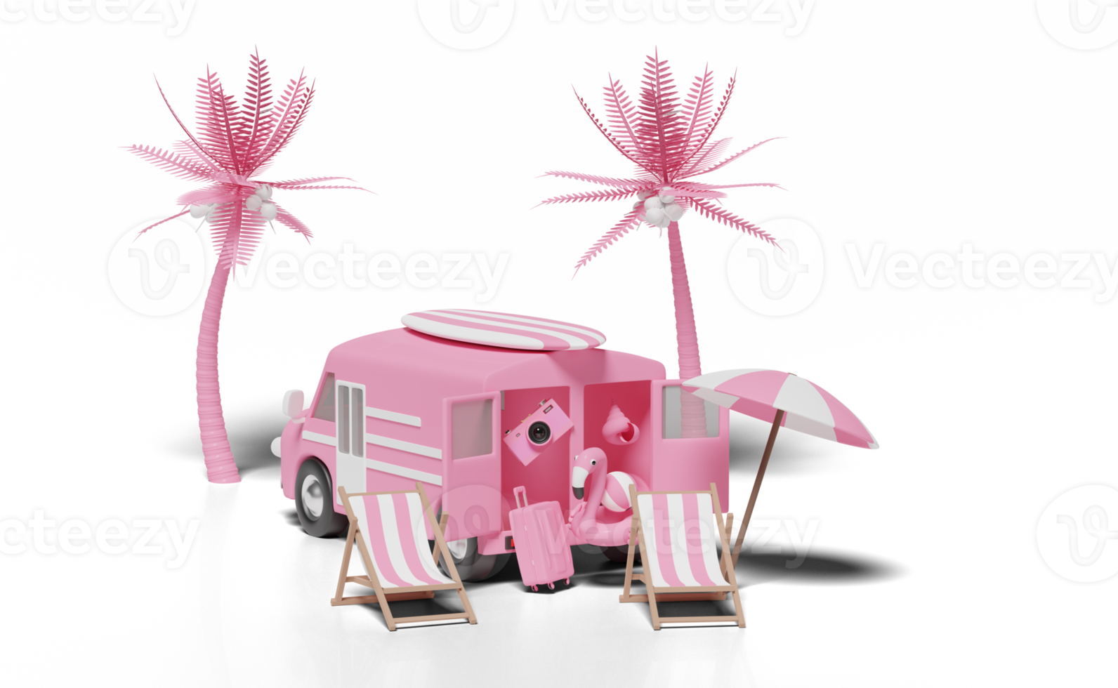 3d auto busje met strand stoel, flamingo, bal, kokosnoot palm boom, surfplank, paraplu, camera geïsoleerd. zomer reizen concept, 3d geven illustratie png