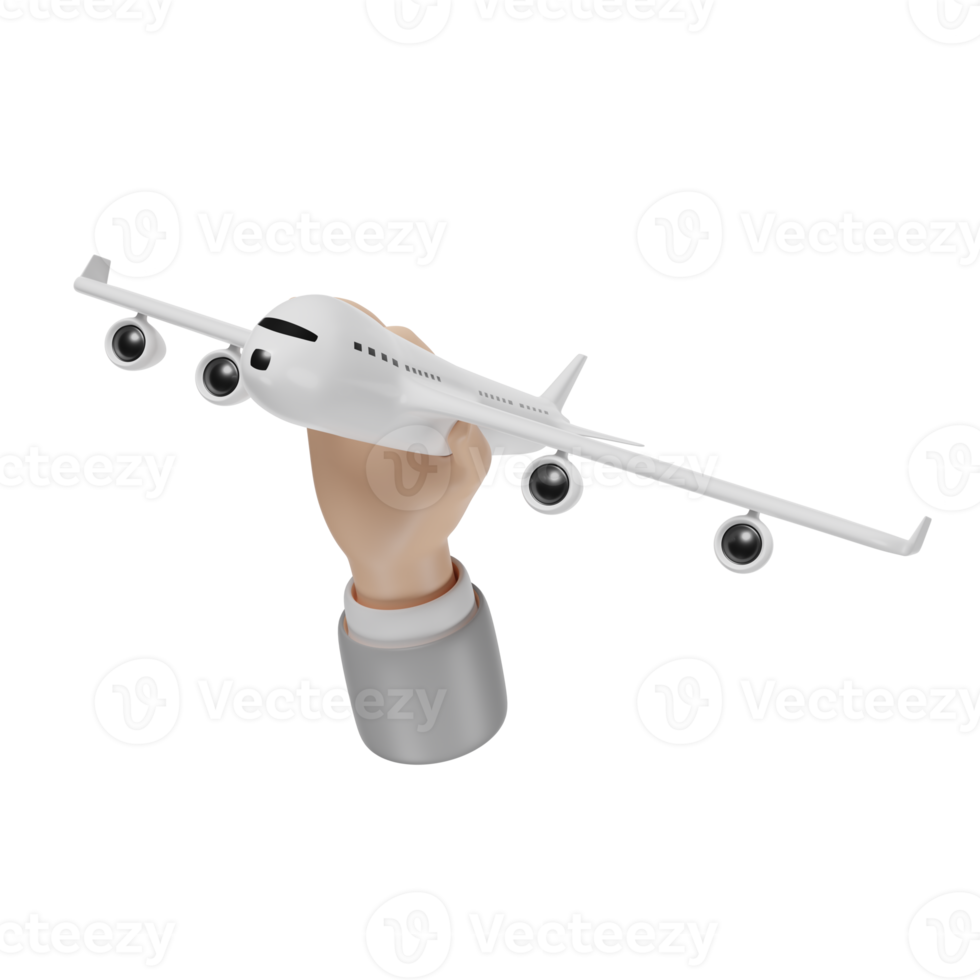 Geschäftsmann Hände halten 3D-Flugzeug isoliert. jet kommerzielles flugzeug, flugzeugreisekonzept, 3d-renderillustration png