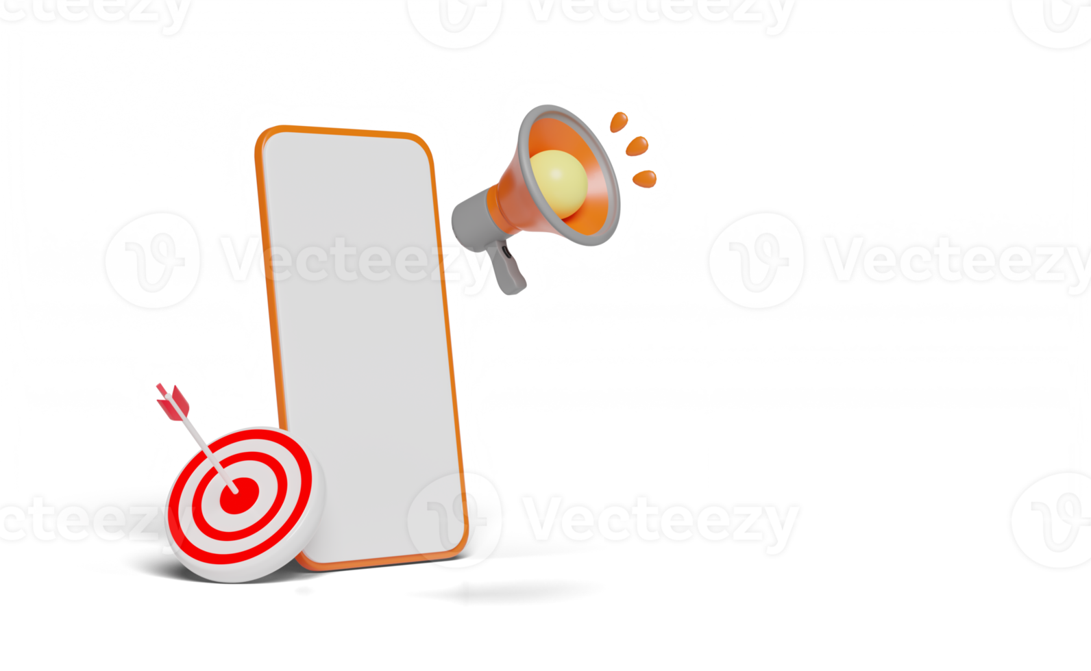 3d mobile Telefono, arancia smartphone con megafono, obbiettivo, freccette, freccia isolato. promozione notizia per sociale media reti, attività commerciale obbiettivo concetto, 3d rendere illustrazione png