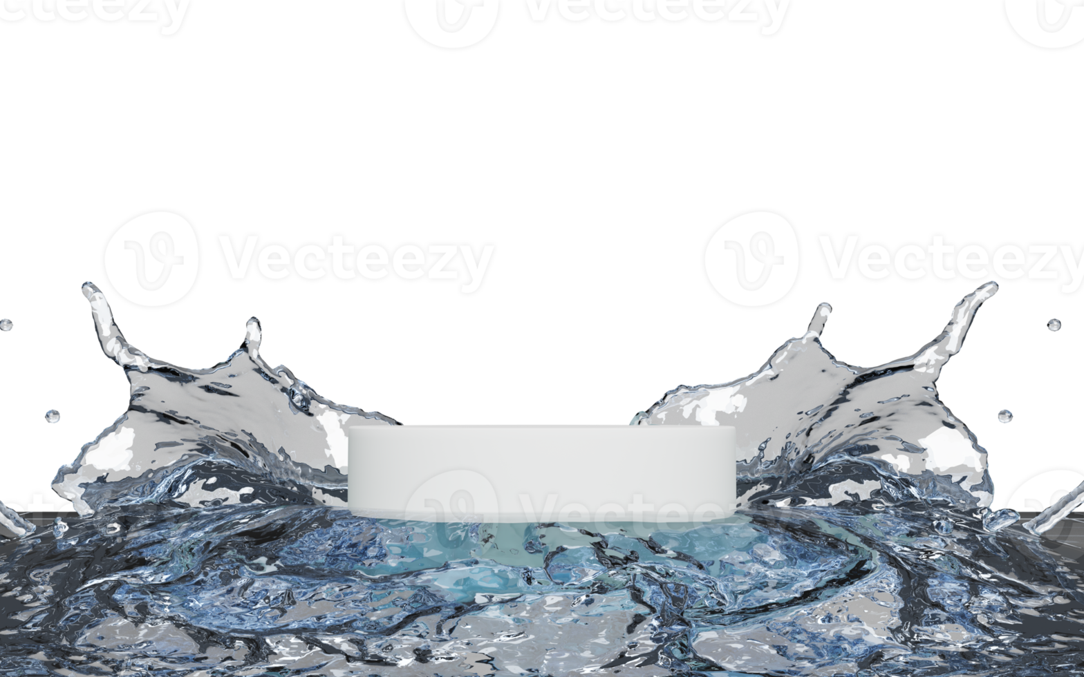 Éclaboussure d'eau 3d transparente, abstraite avec podium de scène blanc vide, piédestal de vitrine cosmétique géométrique isolé. scène moderne minimale, modèle de maquette, illustration de rendu 3d png