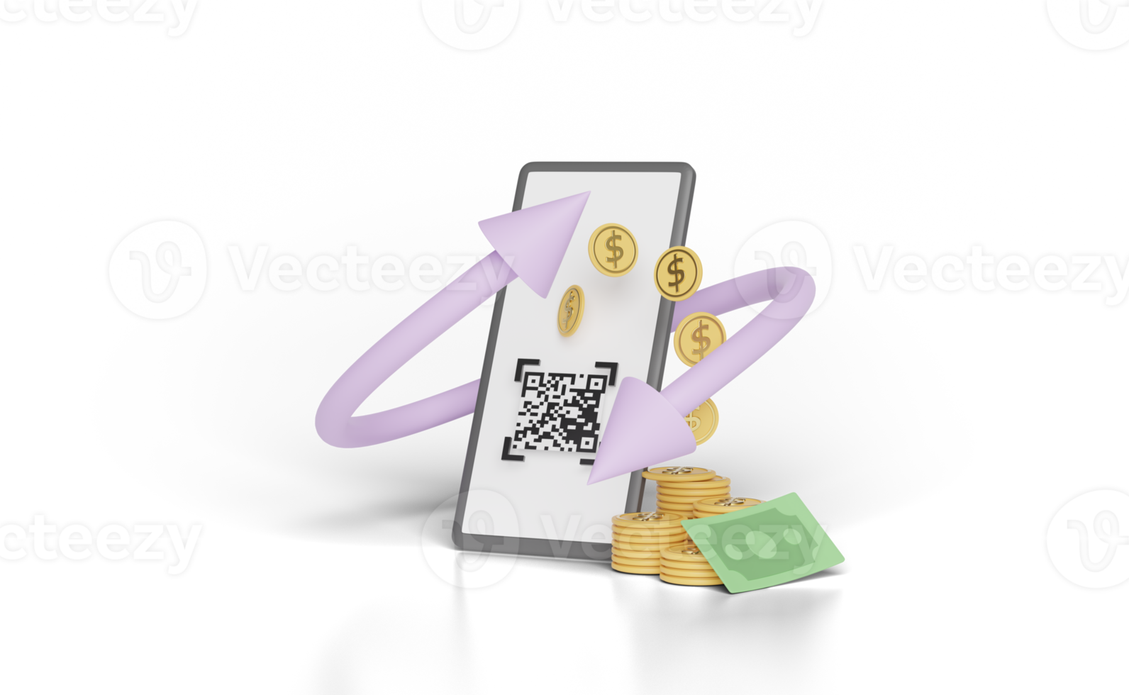 3d mobiel telefoon, smartphone met geld bankbiljet, munt, qr code geïsoleerd. overdracht pijlen, geld terug, besparing geld rijkdom bedrijf, cashback geld terugbetaling concept, 3d geven png