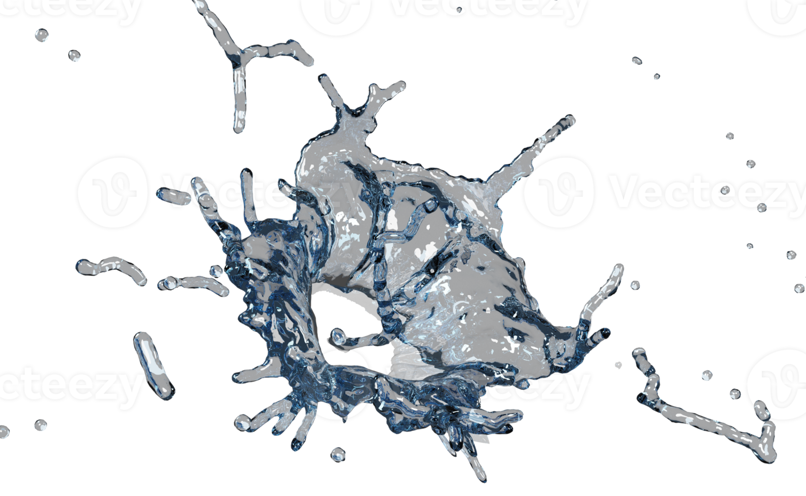 Éclaboussure d'eau 3d transparente, eau bleue claire dispersée autour d'isolement. illustration de rendu 3d png